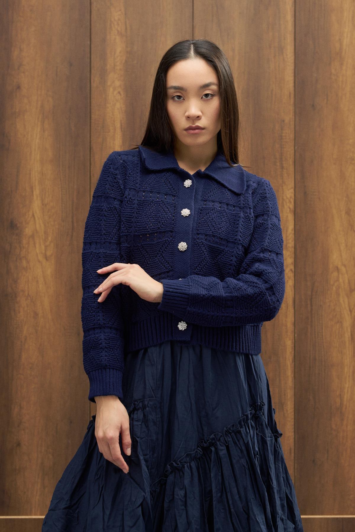 Azur Taşlı Düğmeli Hırka - Lacivert