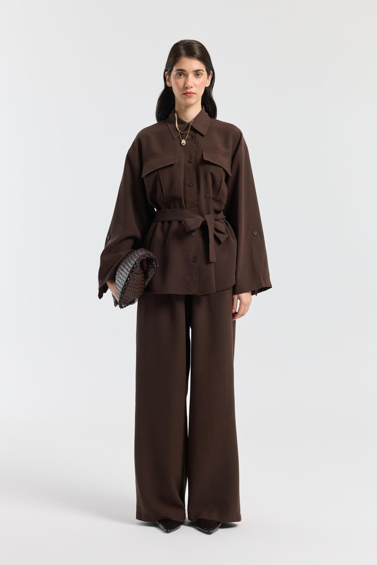 Beth Kemerli Oversize Takım - Acı kahve