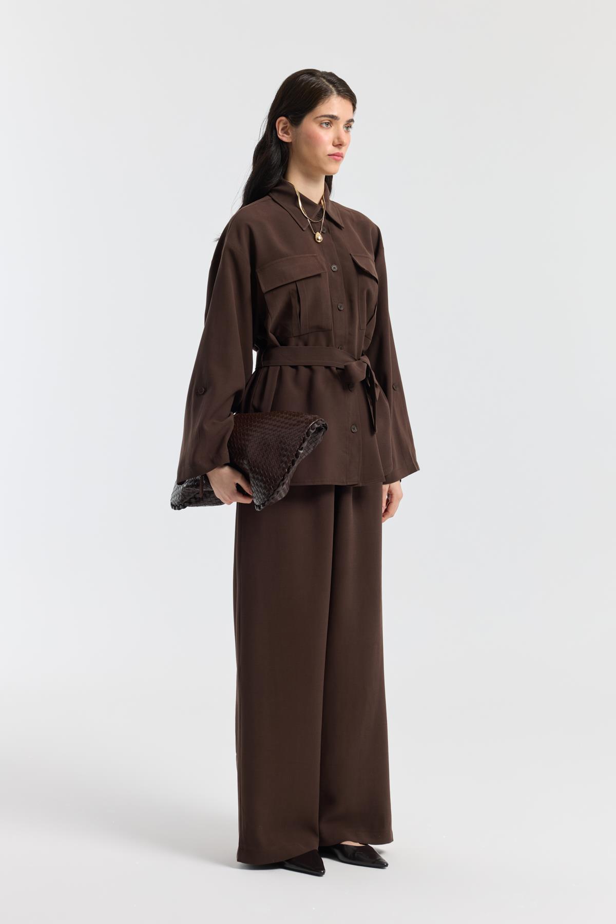 Beth Kemerli Oversize Takım - Acı kahve