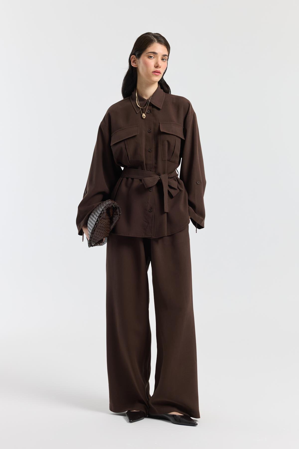 Beth Kemerli Oversize Takım - Acı kahve