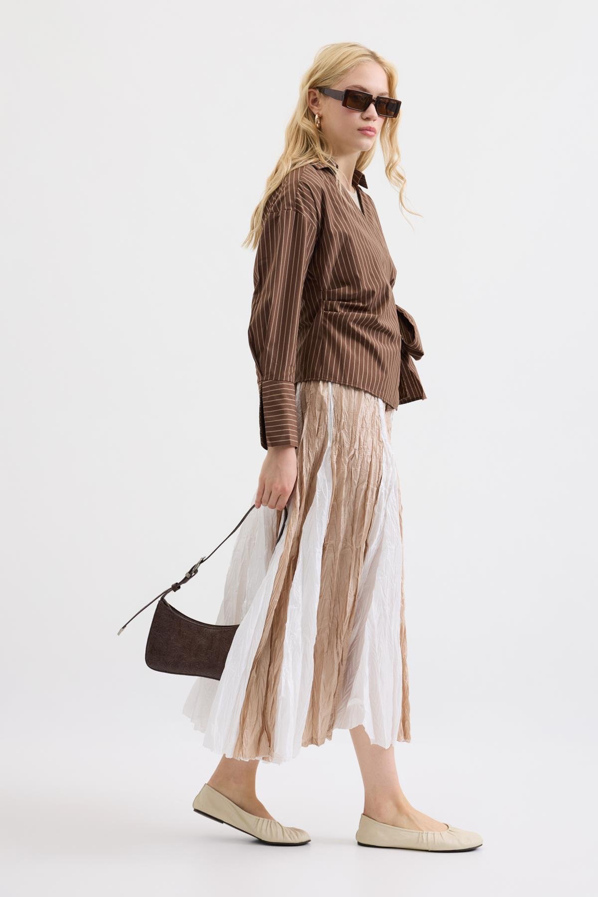 Cherish Bağlamalı Poplin Gömlek - Çizgili Kahve