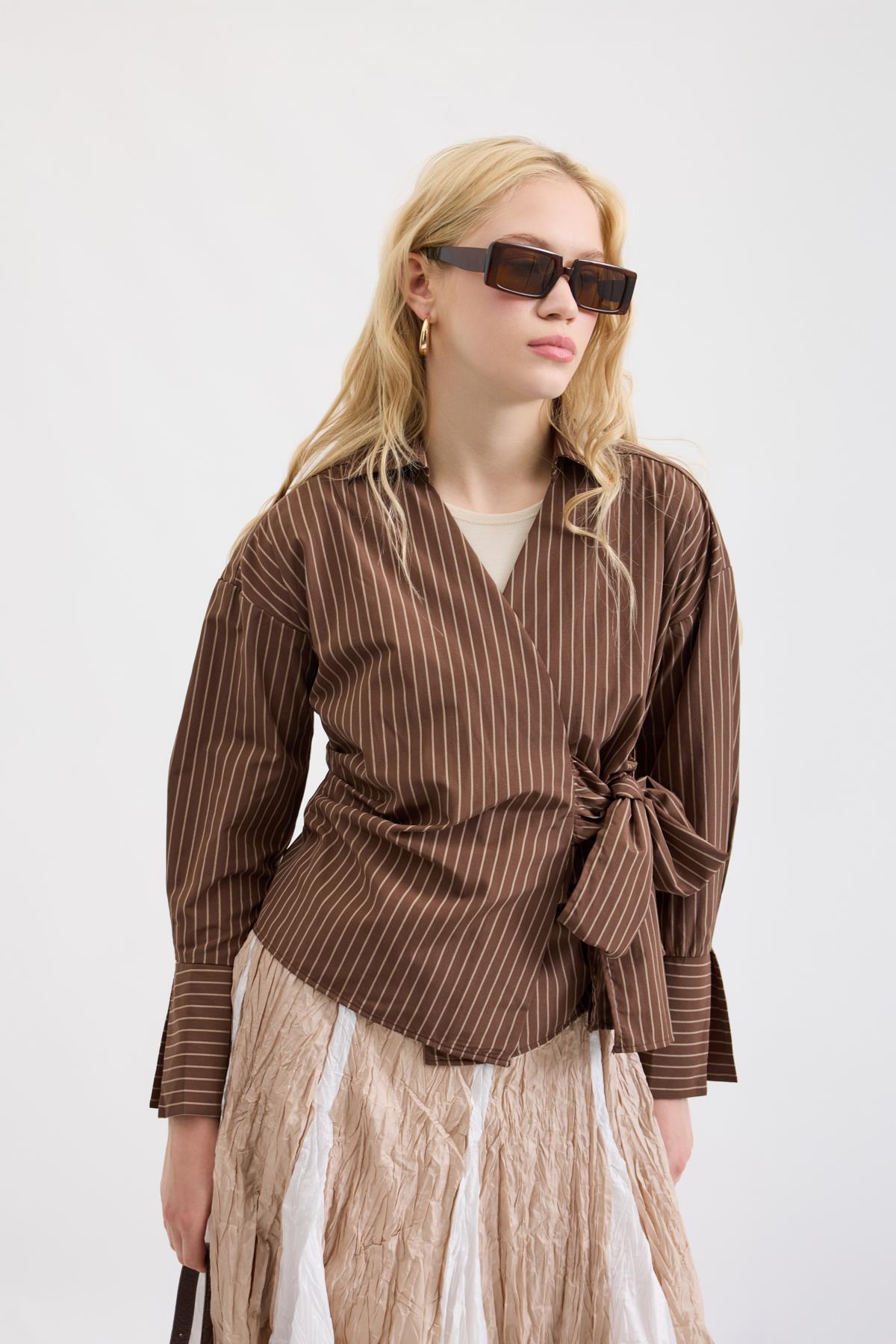 Cherish Bağlamalı Poplin Gömlek - Çizgili Kahve