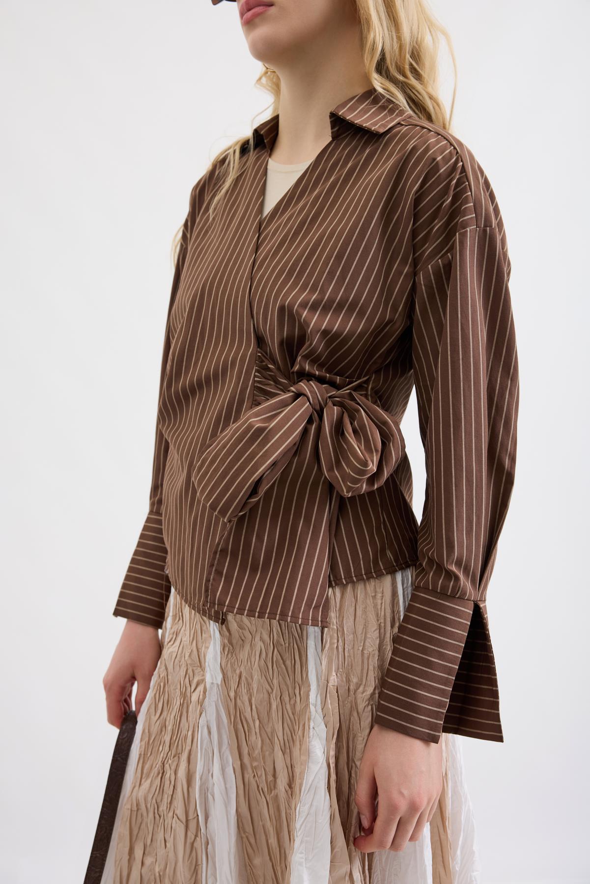 Cherish Bağlamalı Poplin Gömlek - Çizgili Kahve