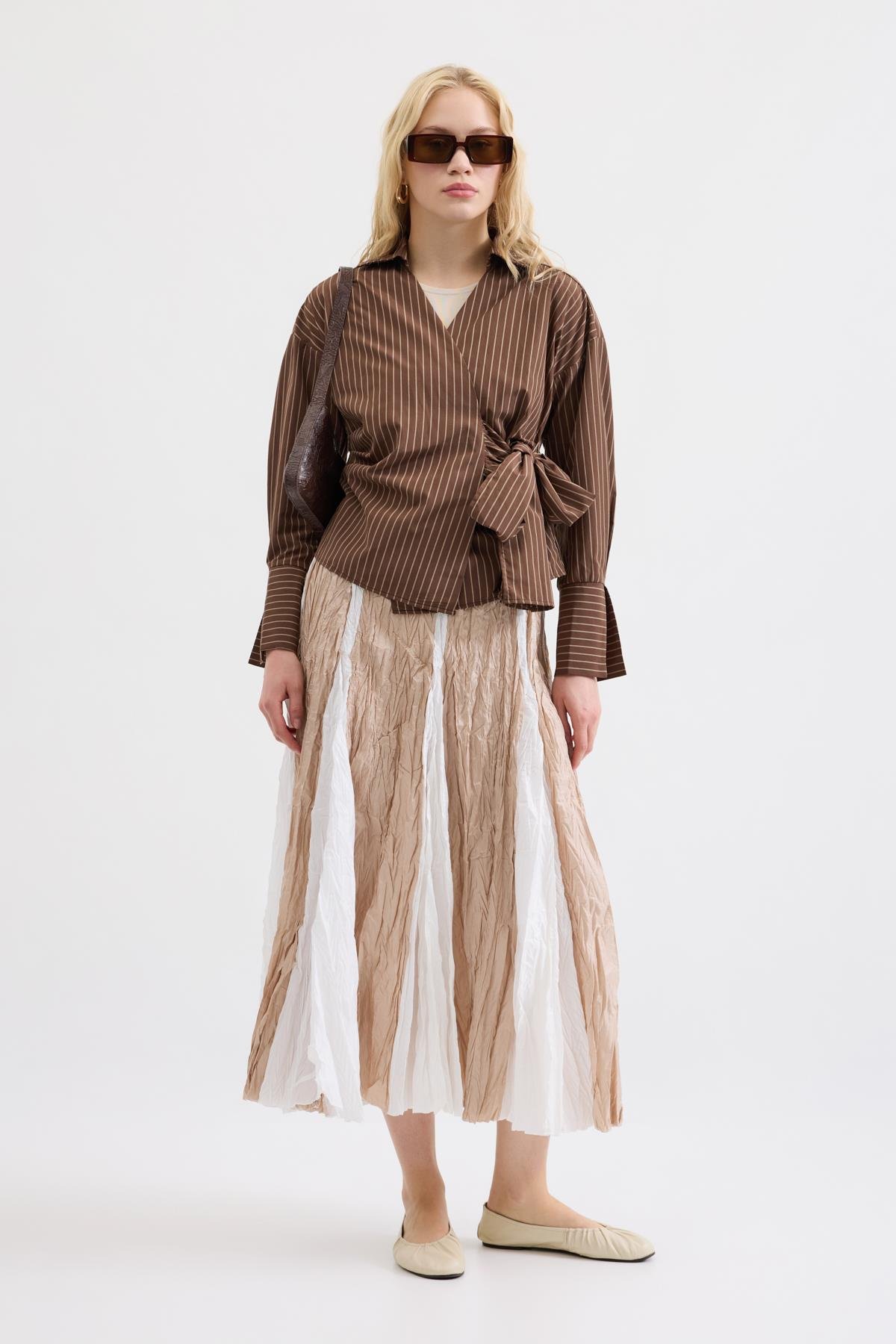 Cherish Bağlamalı Poplin Gömlek - Çizgili Kahve