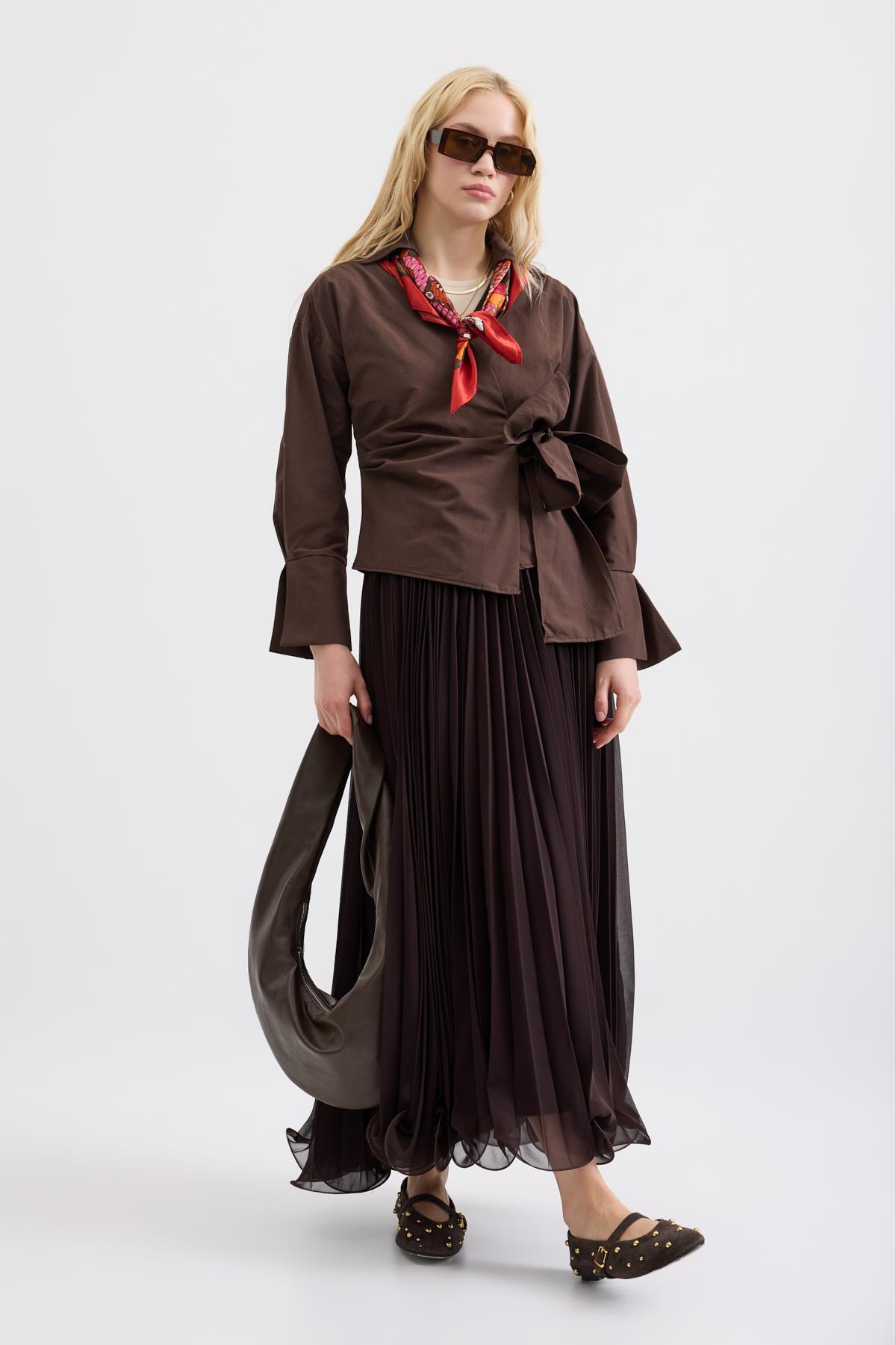 Cherish Bağlamalı Poplin Gömlek - Kahve