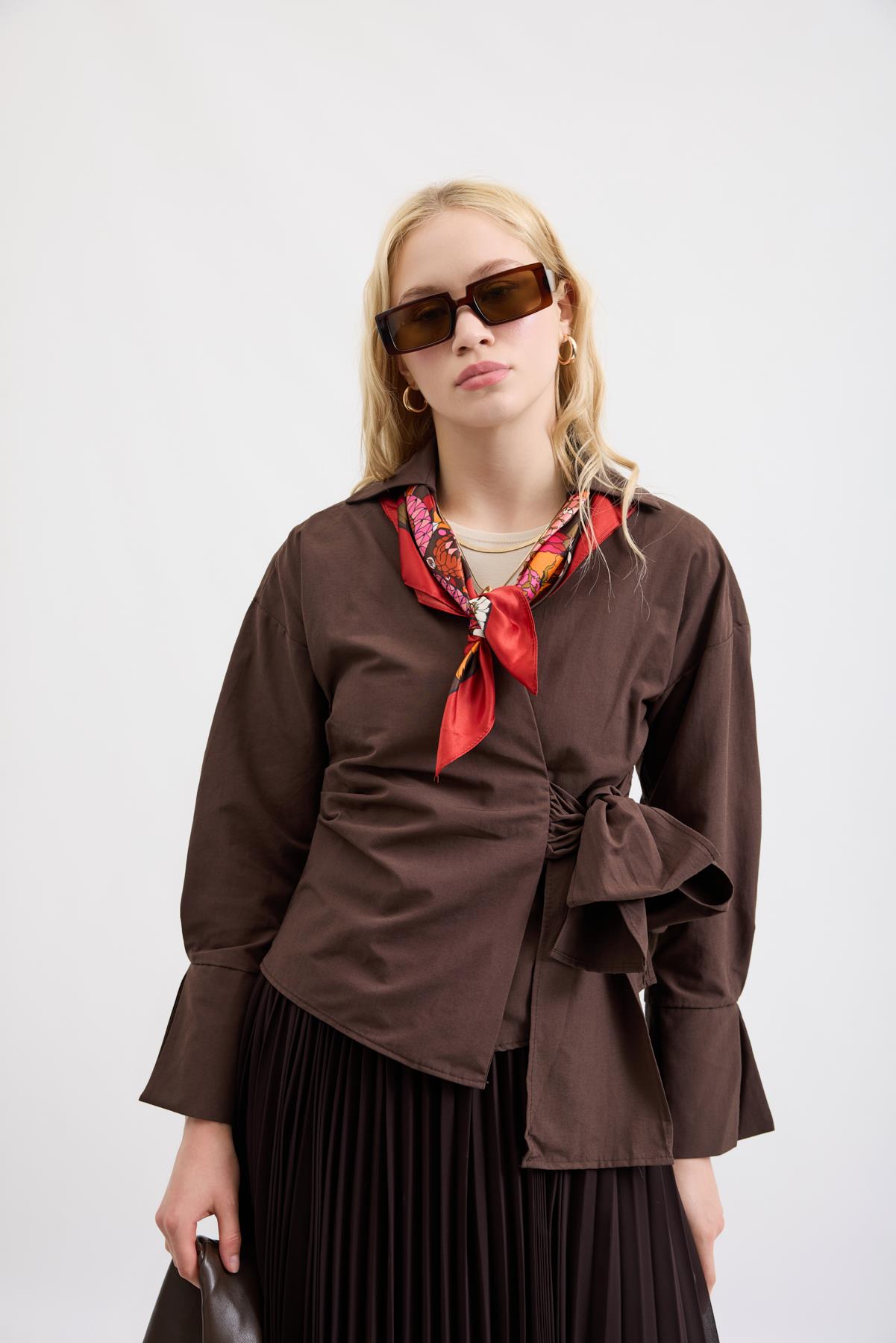 Cherish Bağlamalı Poplin Gömlek - Kahve