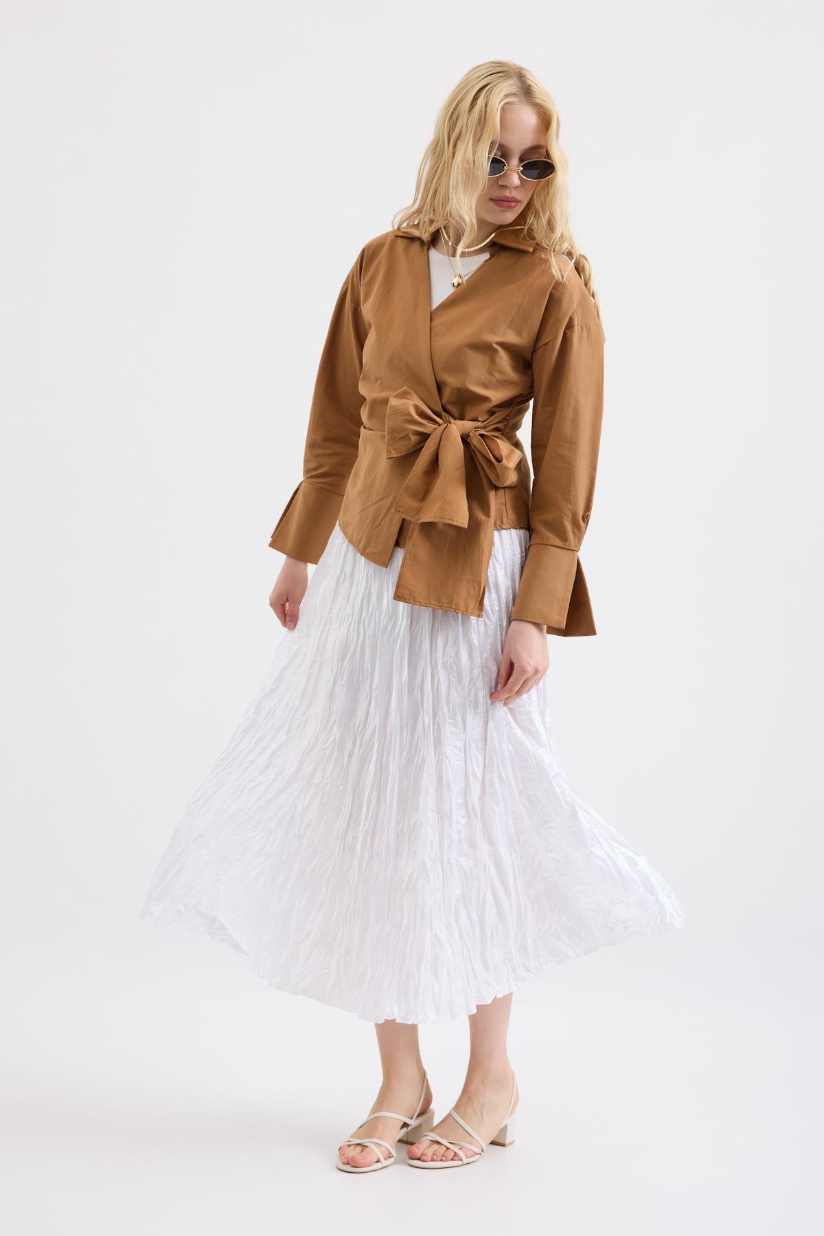 Cherish Bağlamalı Poplin Gömlek - Taba