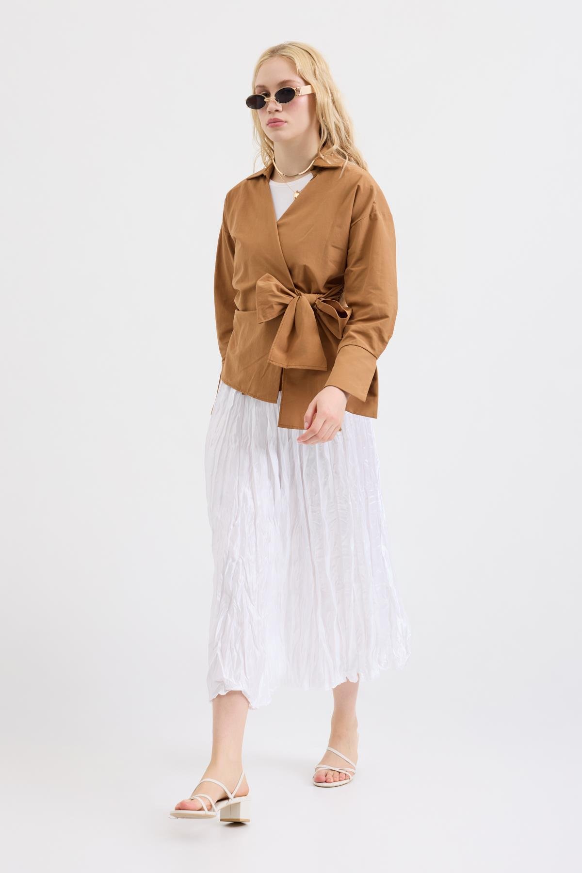 Cherish Bağlamalı Poplin Gömlek - Taba