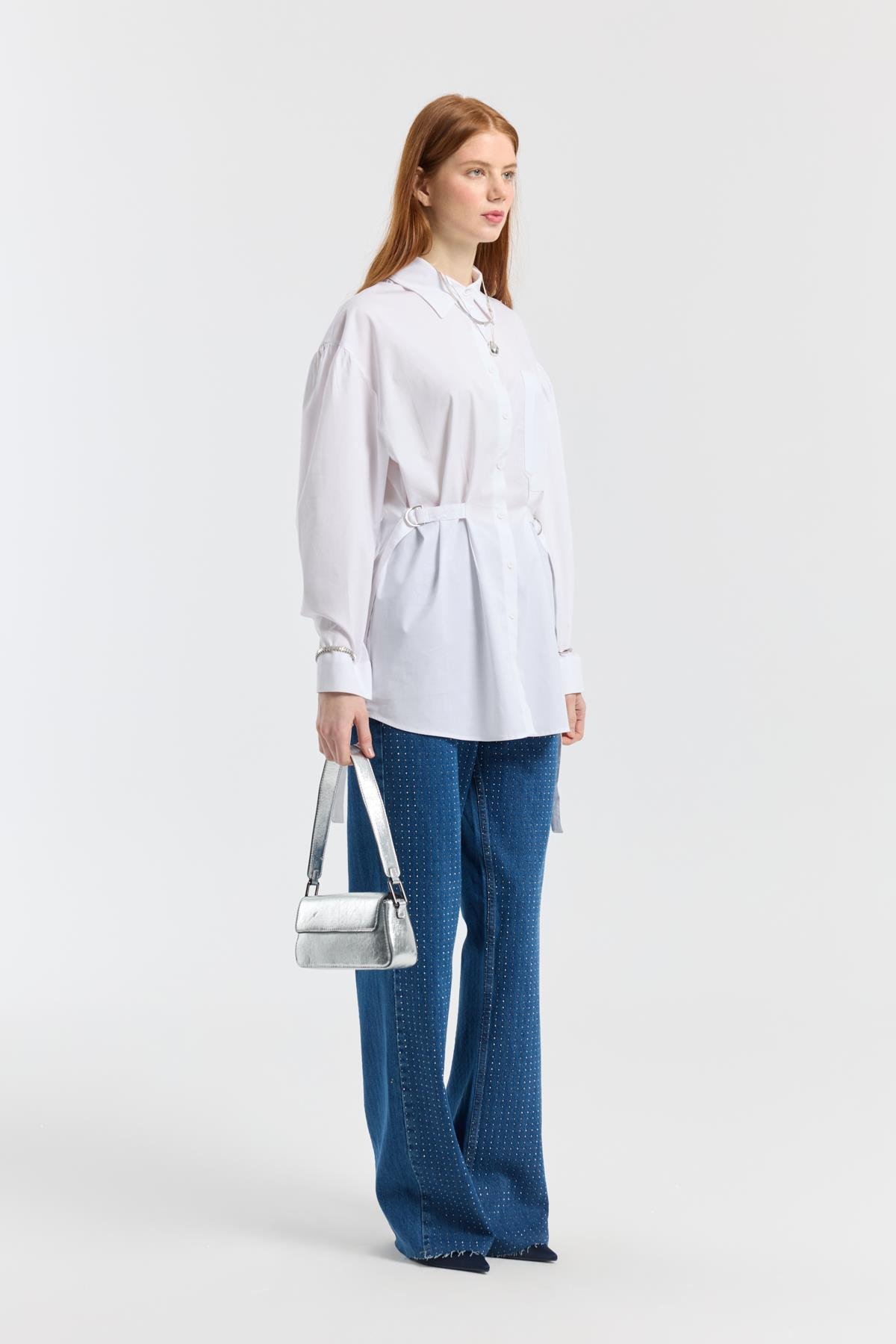 D Tokalı Balon Kol Poplin Gömlek - Beyaz