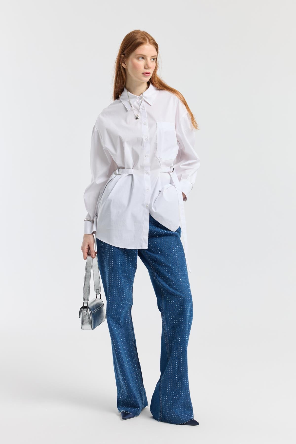 D Tokalı Balon Kol Poplin Gömlek - Beyaz