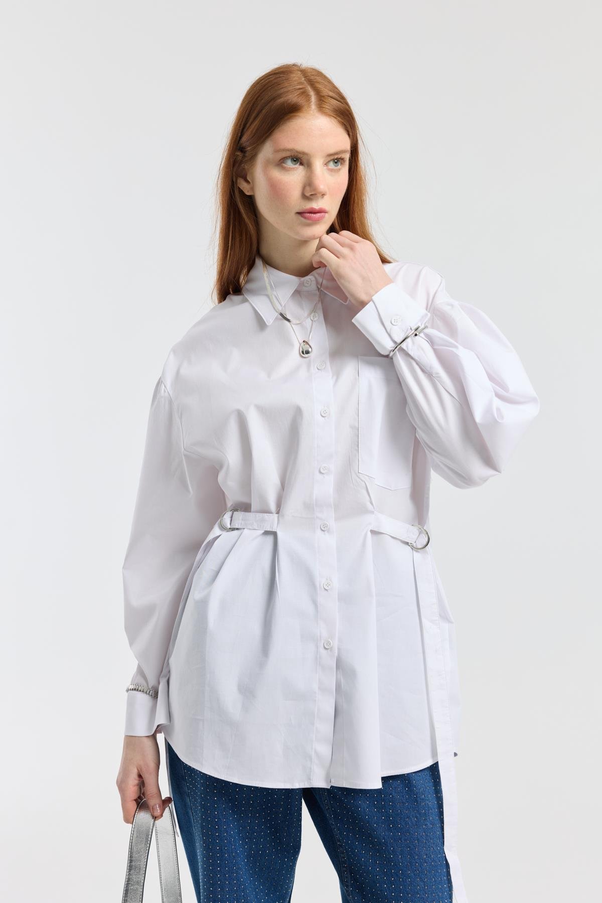 D Tokalı Balon Kol Poplin Gömlek - Beyaz