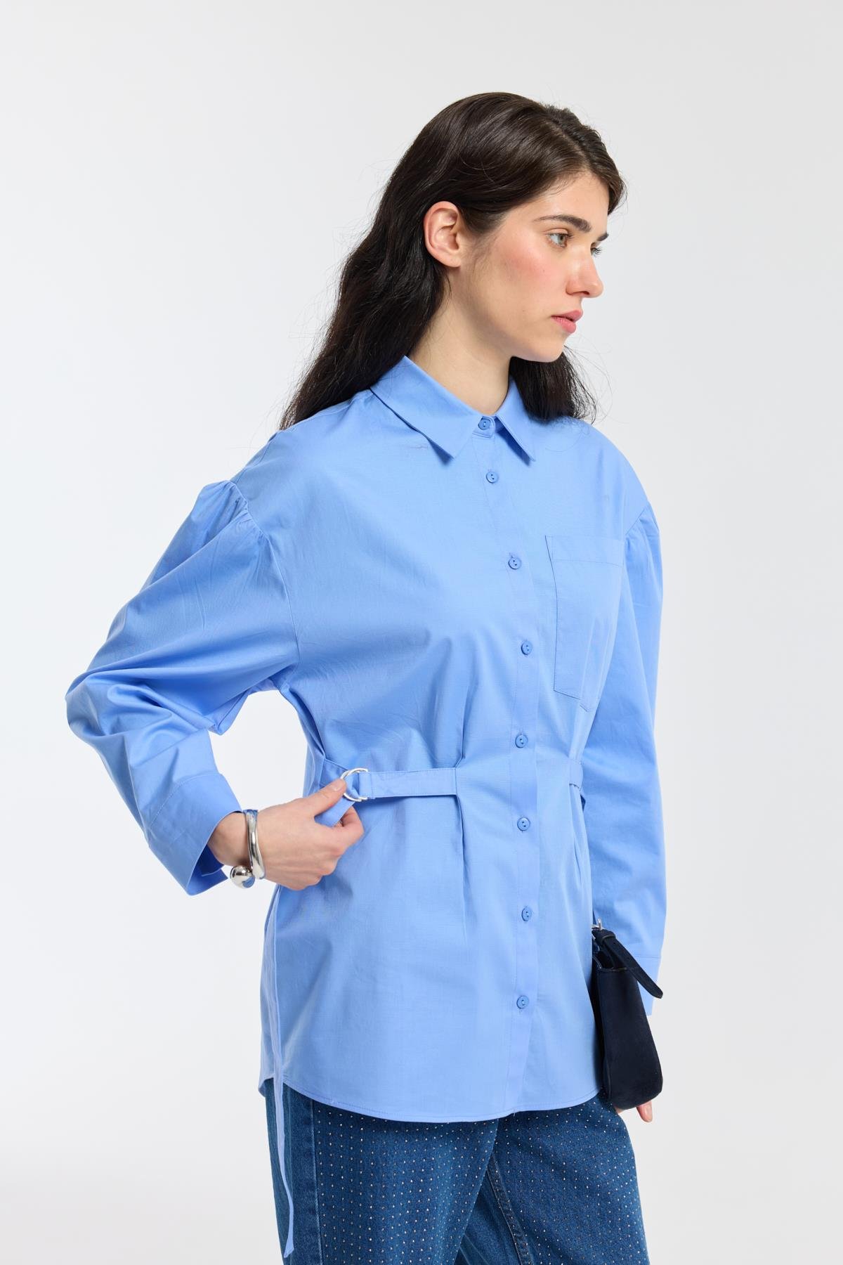 D Tokalı Balon Kol Poplin Gömlek - Mavi
