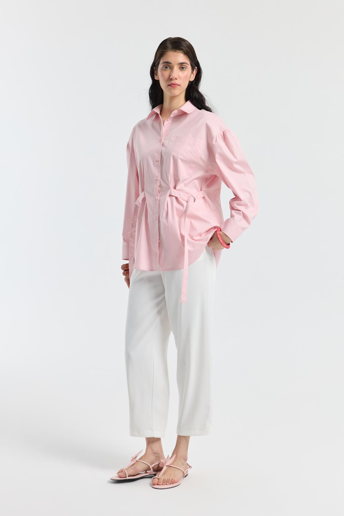 D Tokalı Balon Kol Poplin Gömlek - Pudra Pembe