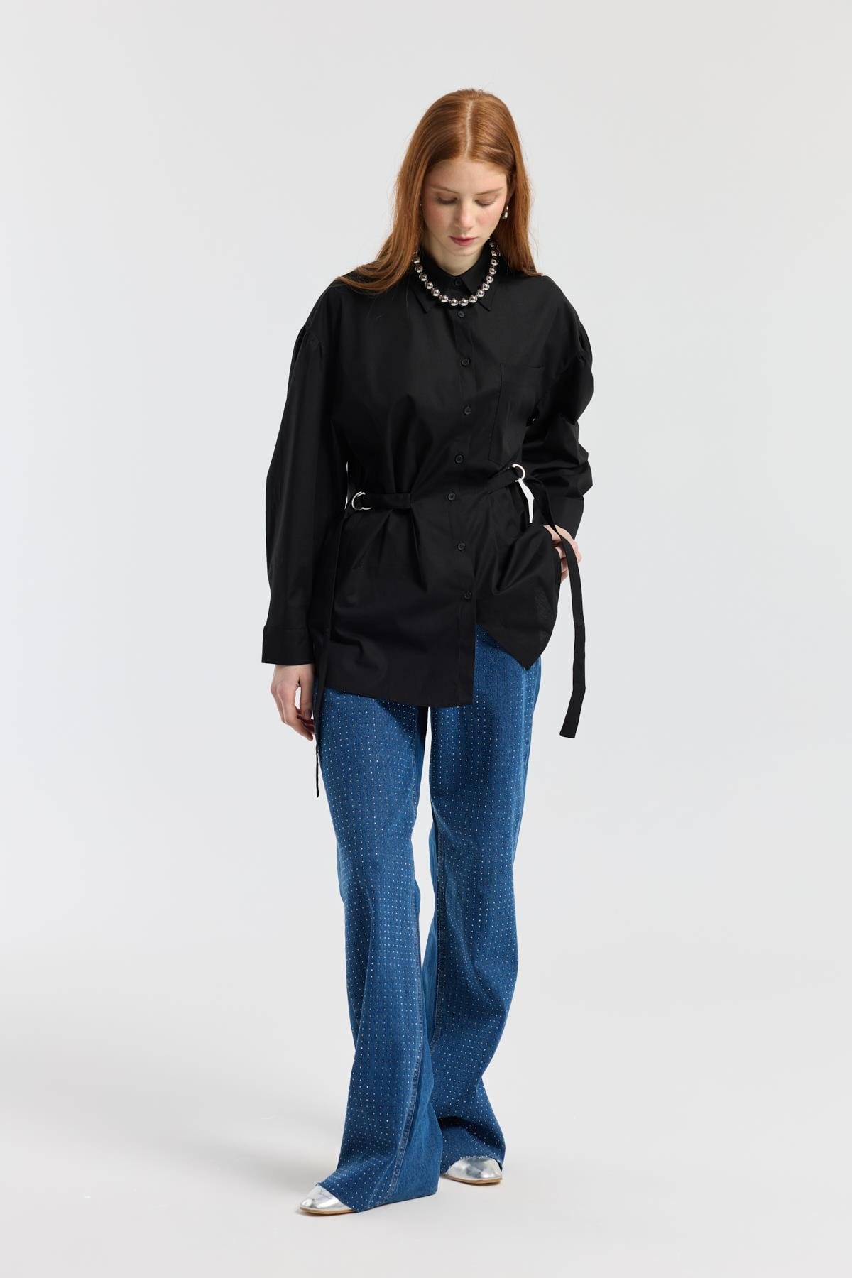 D Tokalı Balon Kol Poplin Gömlek - Siyah