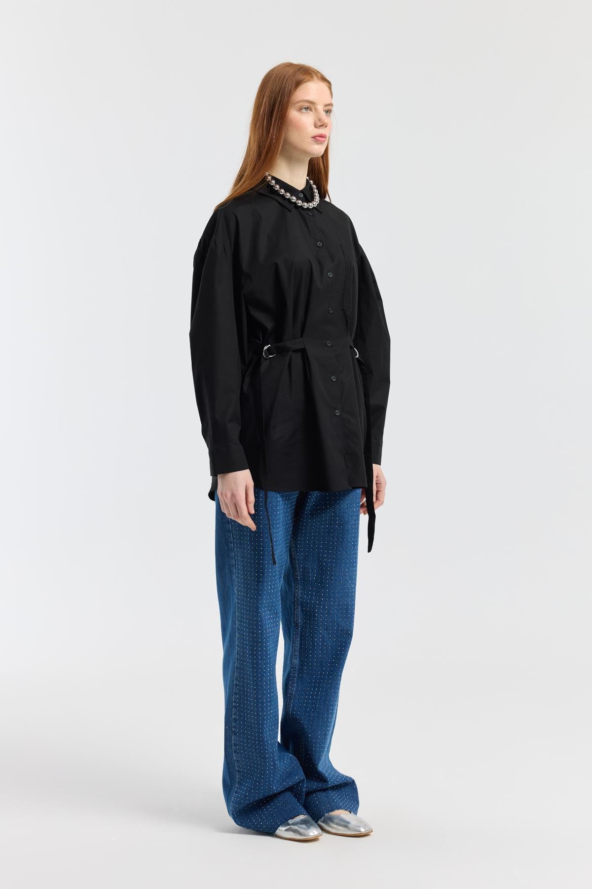 D Tokalı Balon Kol Poplin Gömlek - Siyah