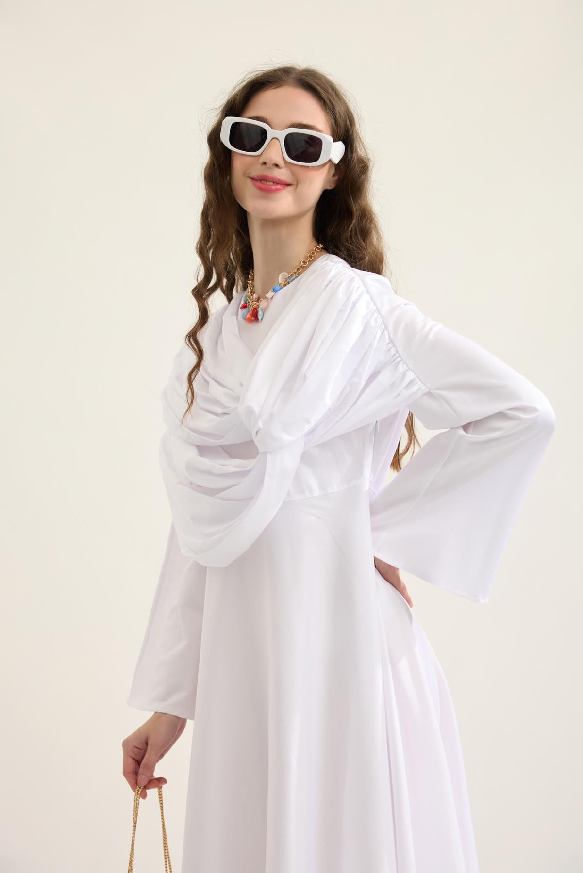 Daisy Drapeli Kloş Poplin Elbise - Beyaz