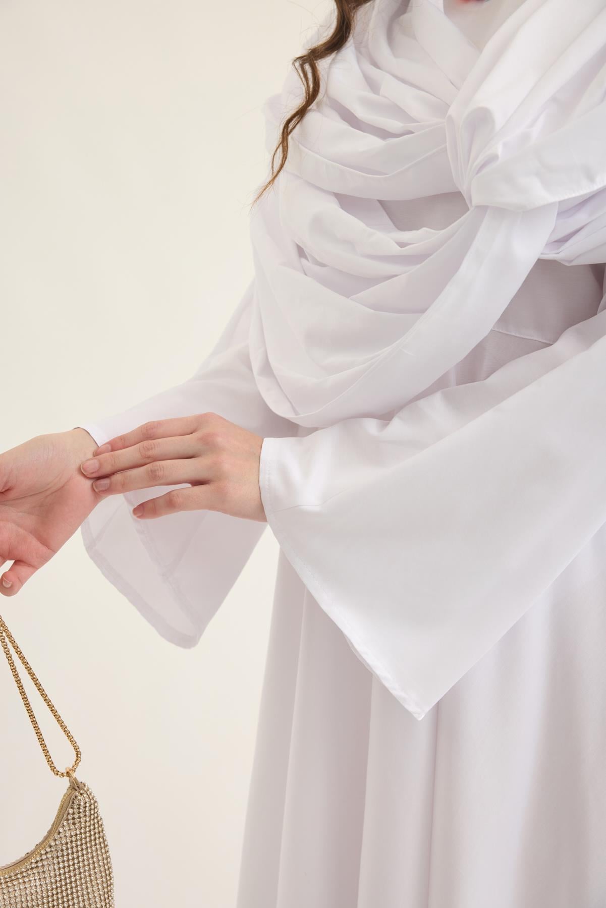 Daisy Drapeli Kloş Poplin Elbise - Beyaz