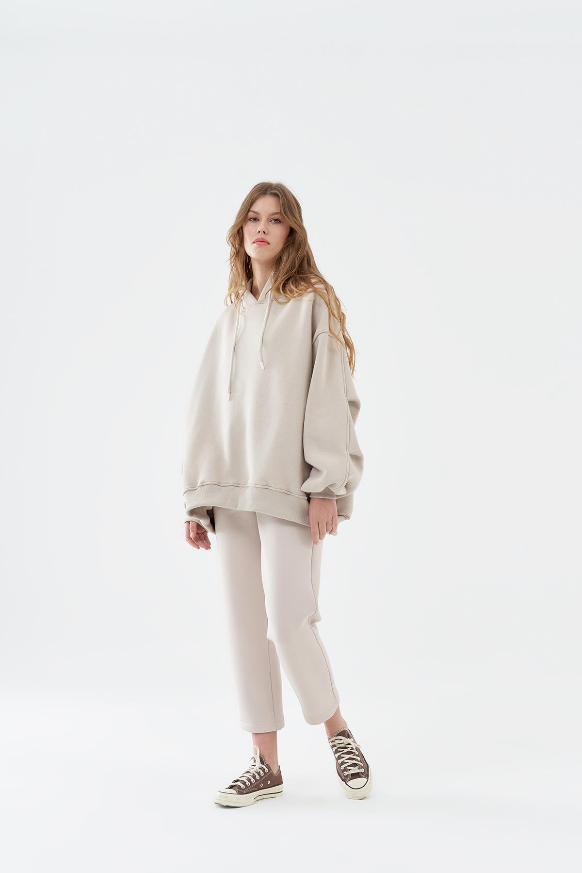 DENA ÜÇ İPLİK ŞARDONLU SWEAT - BEJ