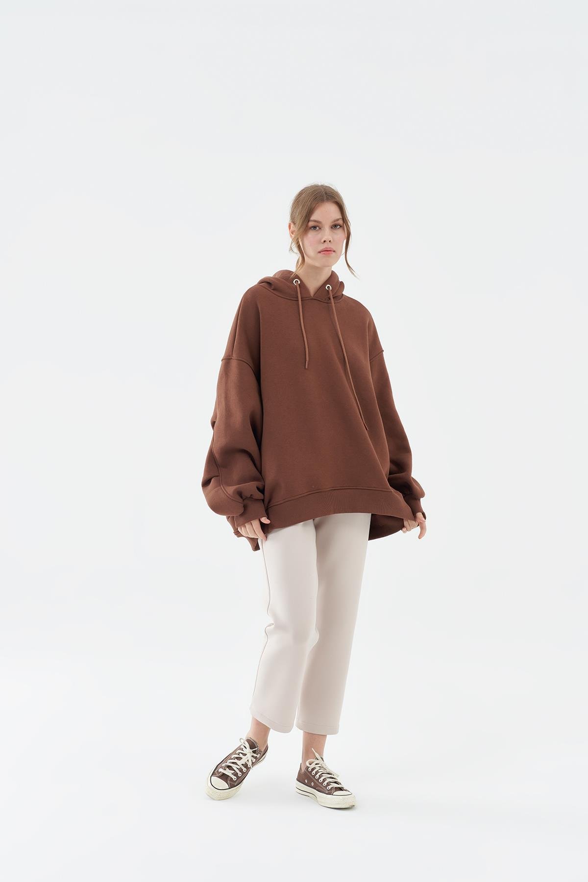 DENA ÜÇ İPLİK ŞARDONLU SWEAT - KAHVE