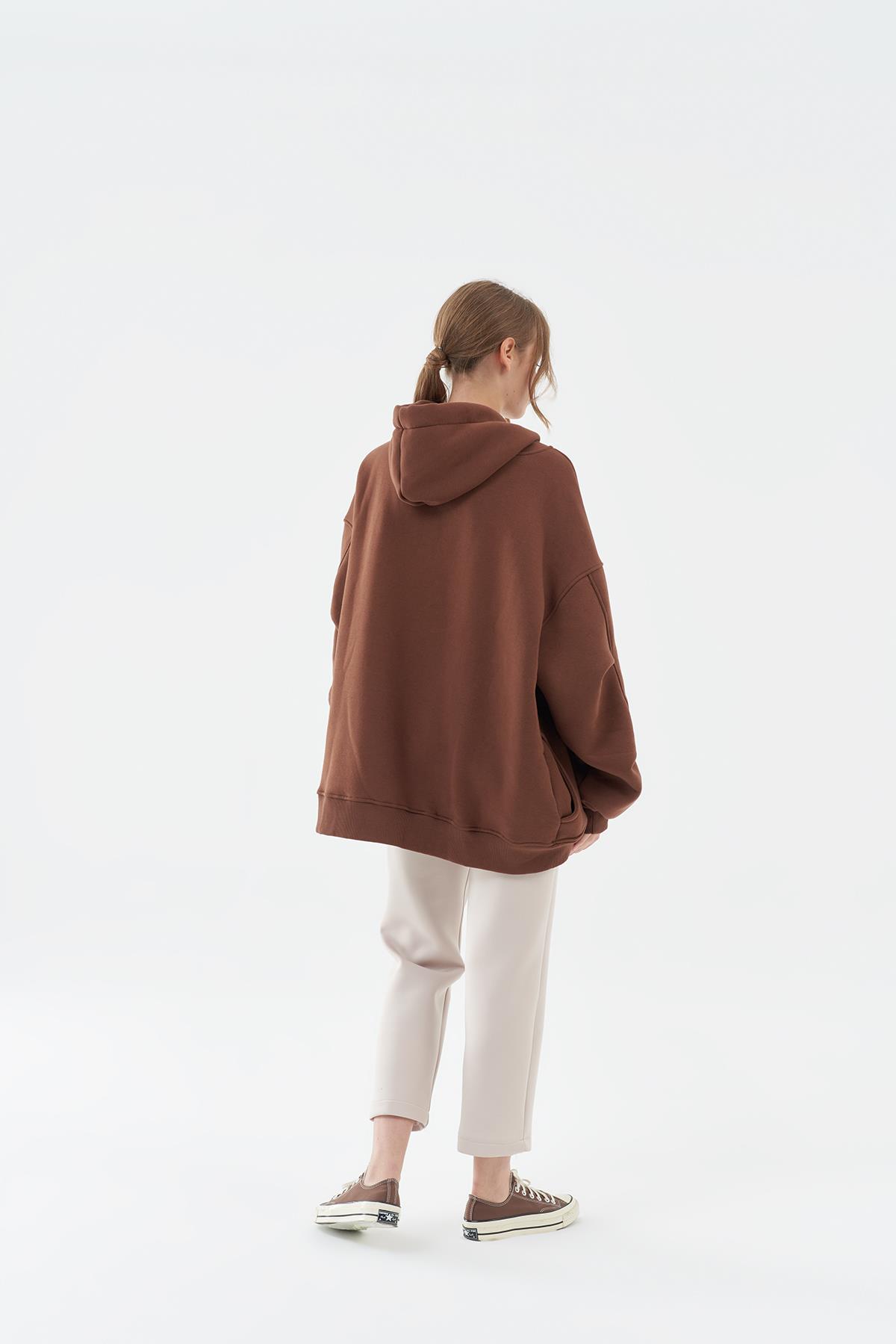 DENA ÜÇ İPLİK ŞARDONLU SWEAT - KAHVE