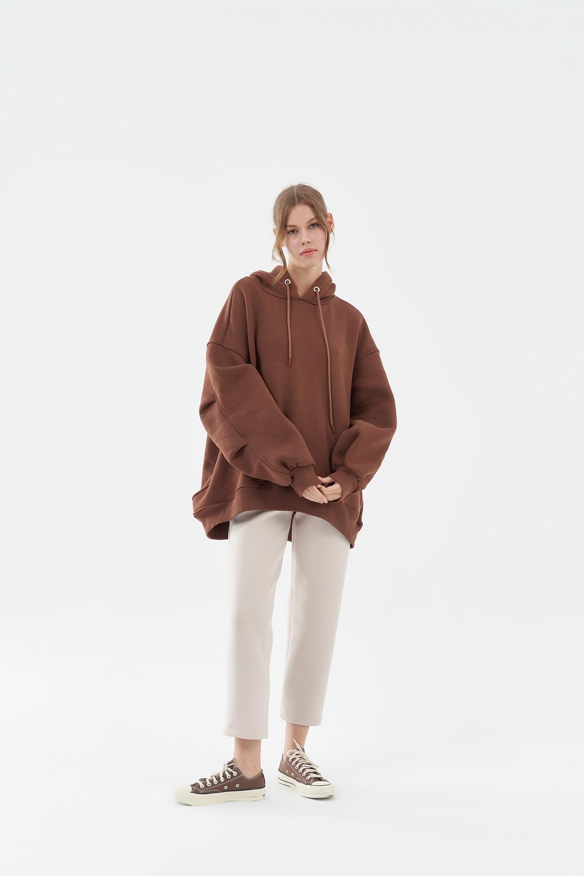 DENA ÜÇ İPLİK ŞARDONLU SWEAT - KAHVE