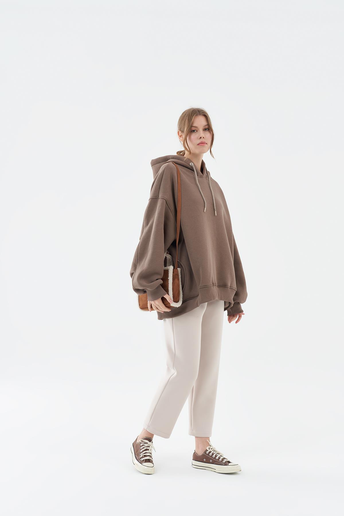 DENA ÜÇ İPLİK ŞARDONLU SWEAT- KOYU VİZON