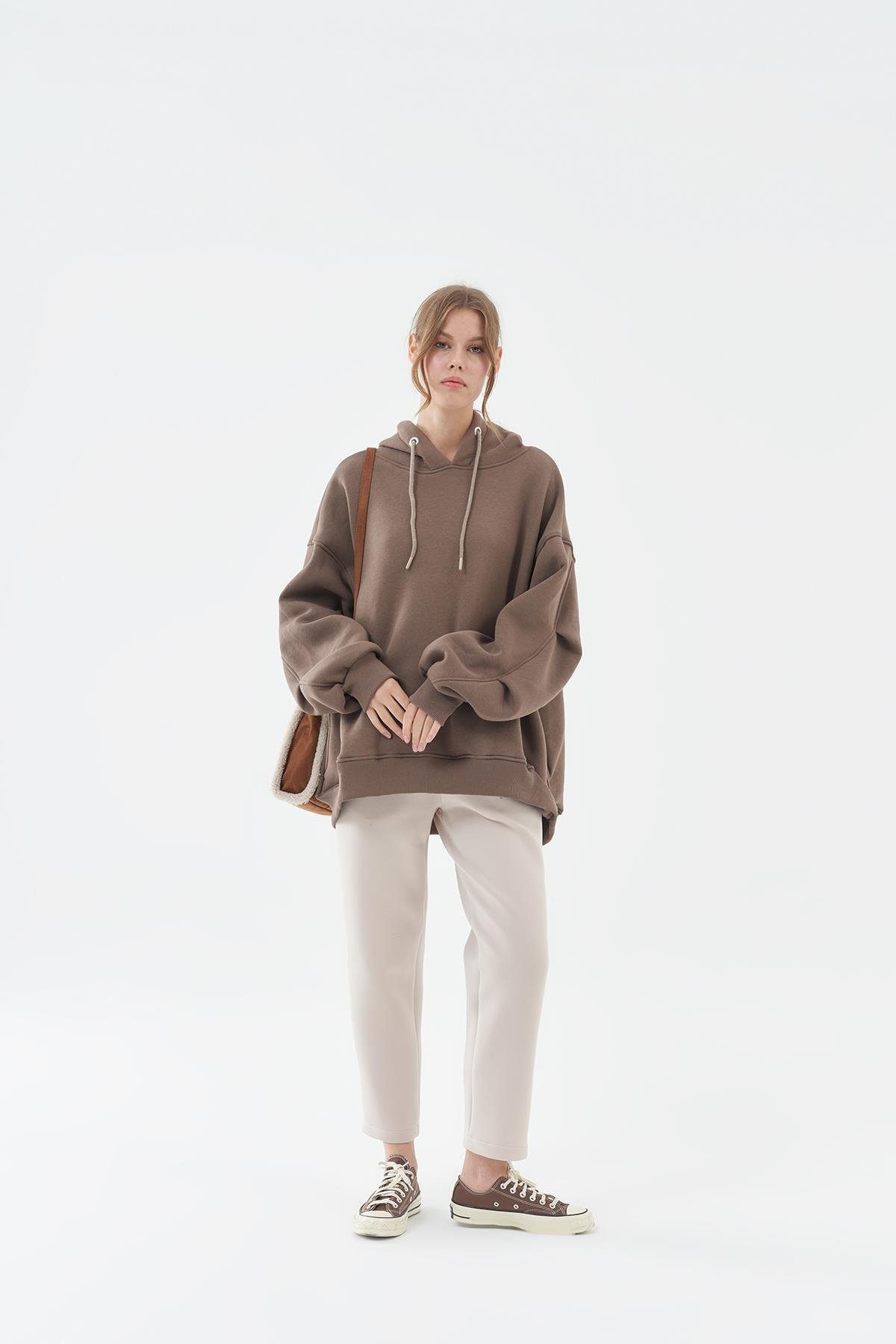 DENA ÜÇ İPLİK ŞARDONLU SWEAT- KOYU VİZON