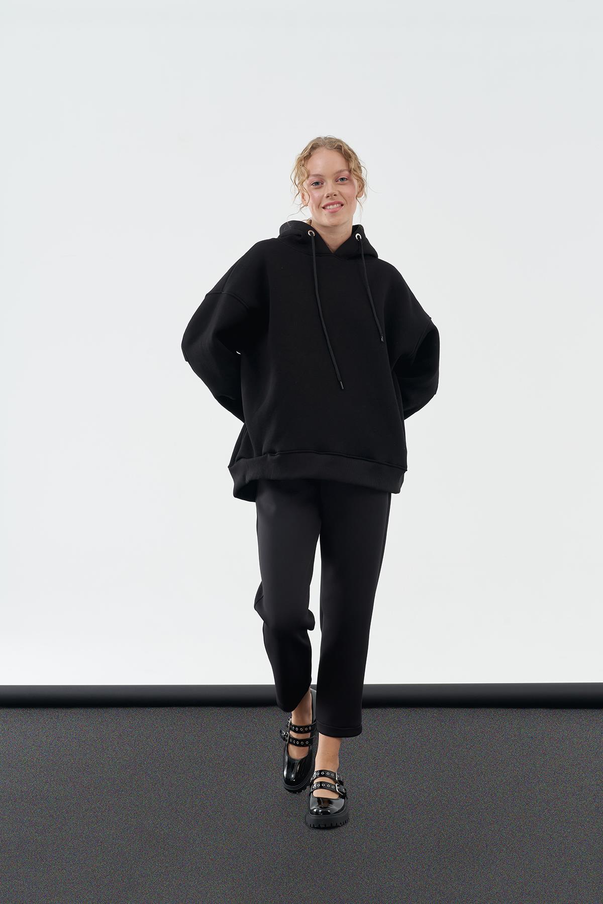 DENA ÜÇ İPLİK ŞARDONLU SWEAT - SİYAH