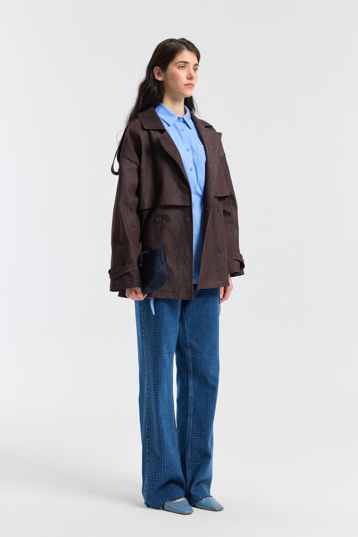 Denim Allerli Trençkot - Mürdüm 
