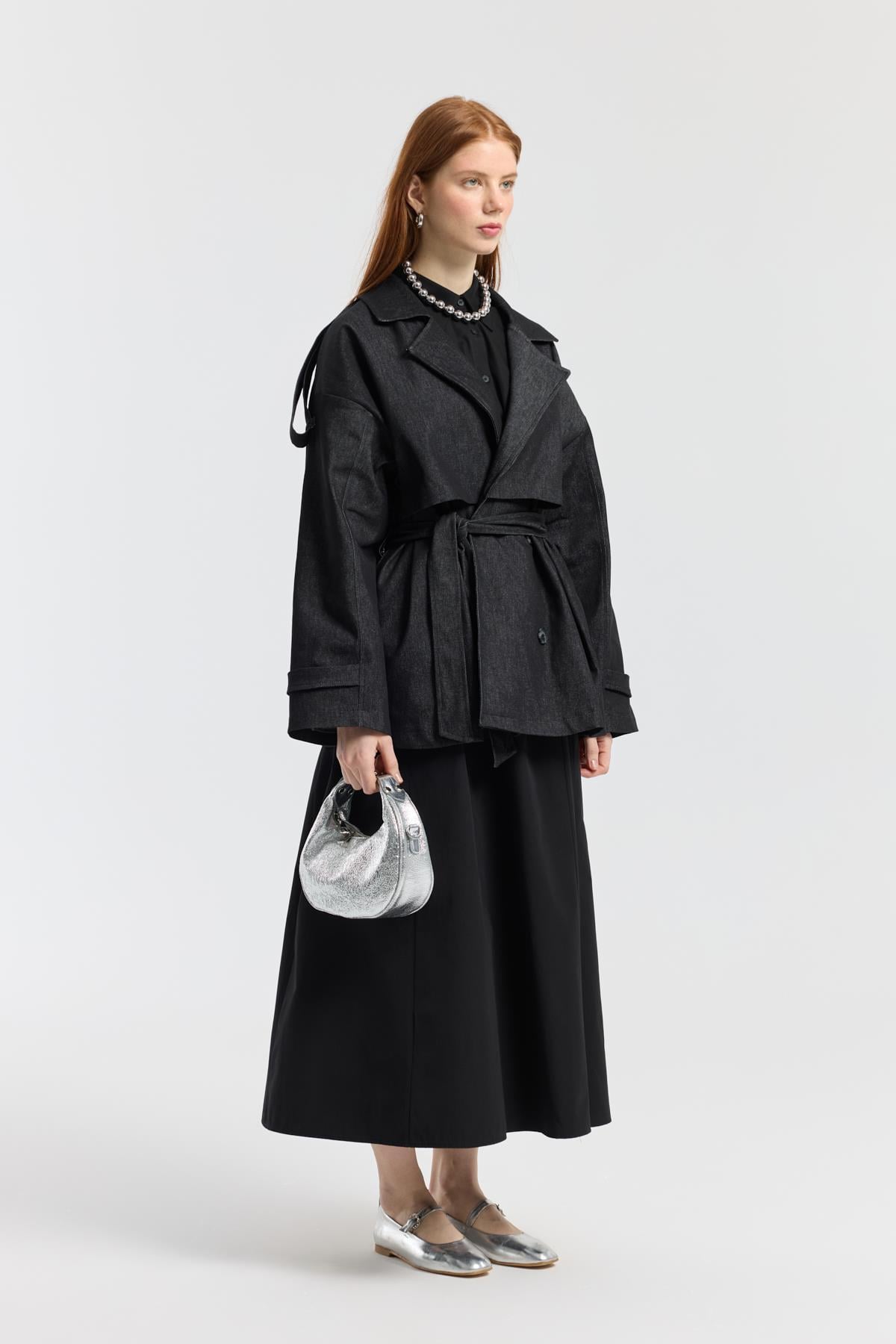 Denim Allerli Trençkot - Siyah