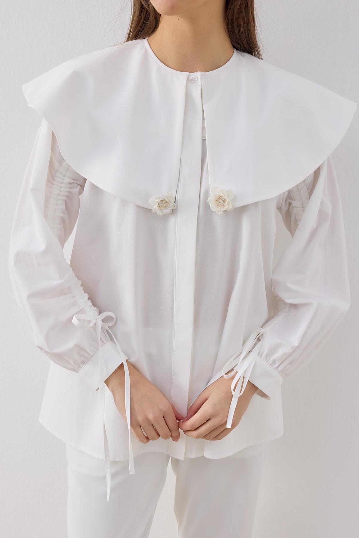 Dezzie Kol Büzgülü Tokalı Gömlek- Beyaz