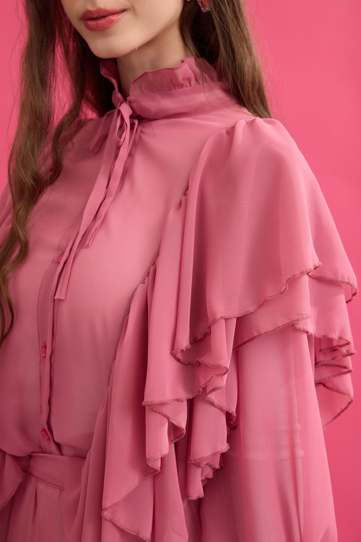 Diana Volanlı Şifon Etek Takım- Pembe