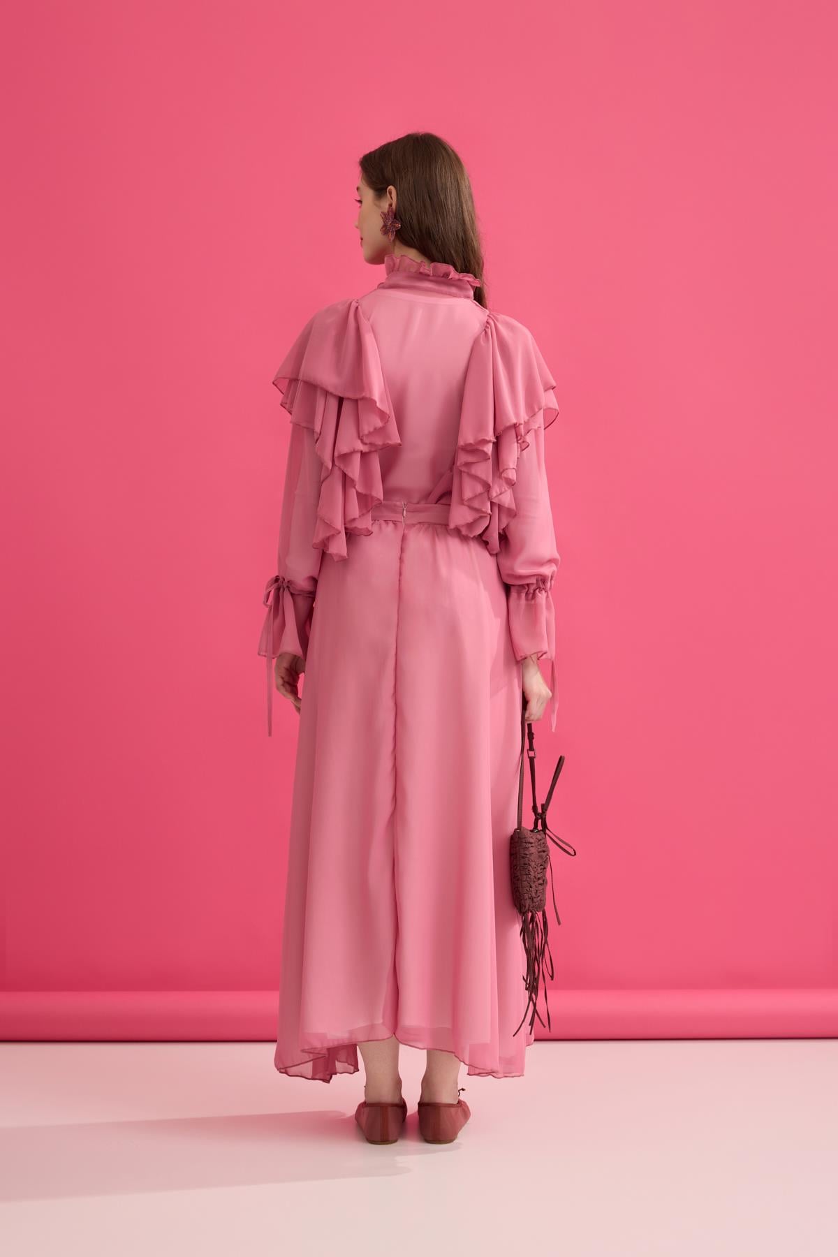 Diana Volanlı Şifon Etek Takım- Pembe
