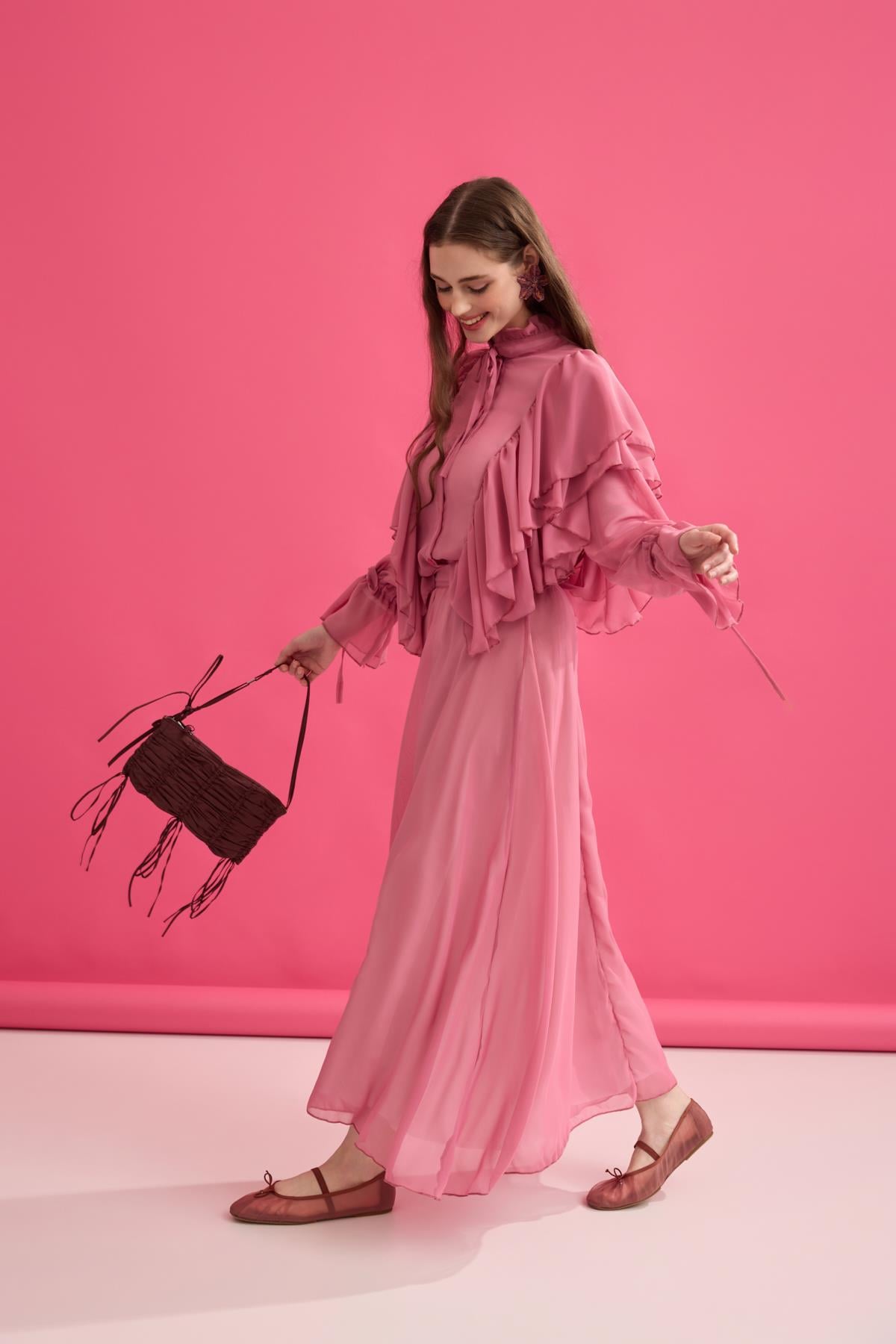 Diana Volanlı Şifon Etek Takım- Pembe