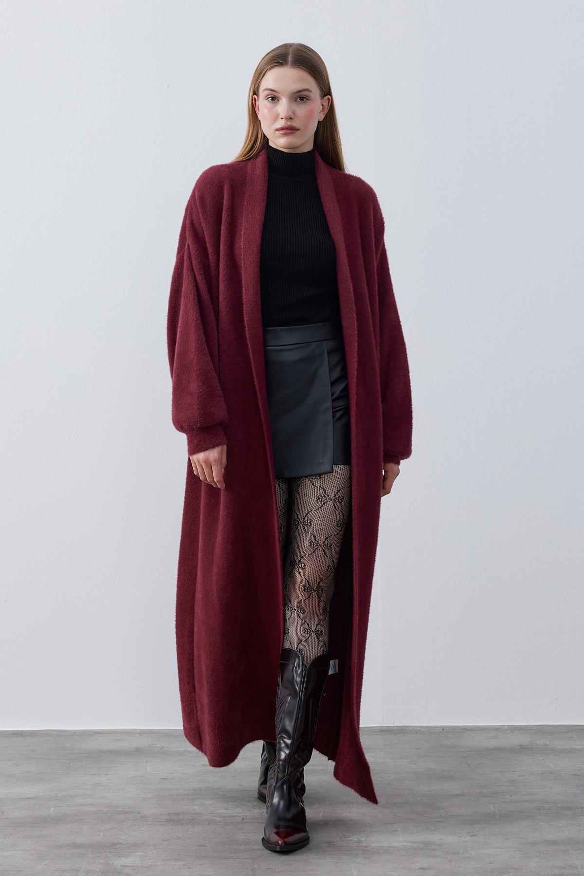 Edith Şal Yaka Angora Hırka - Bordo
