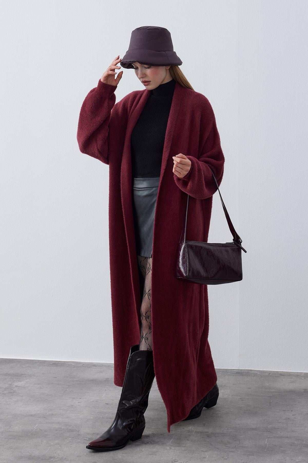 Edith Şal Yaka Angora Hırka - Bordo