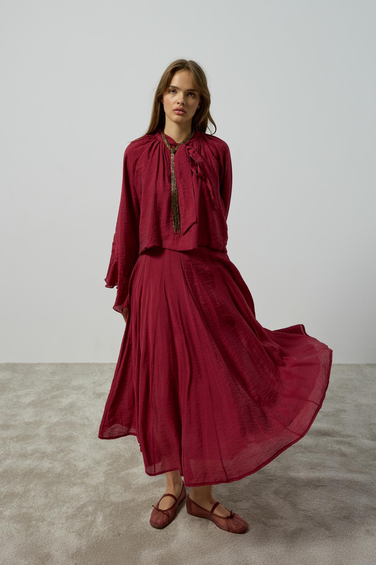 Elsia Büzgülü Damla Yaka Takım - Bordo