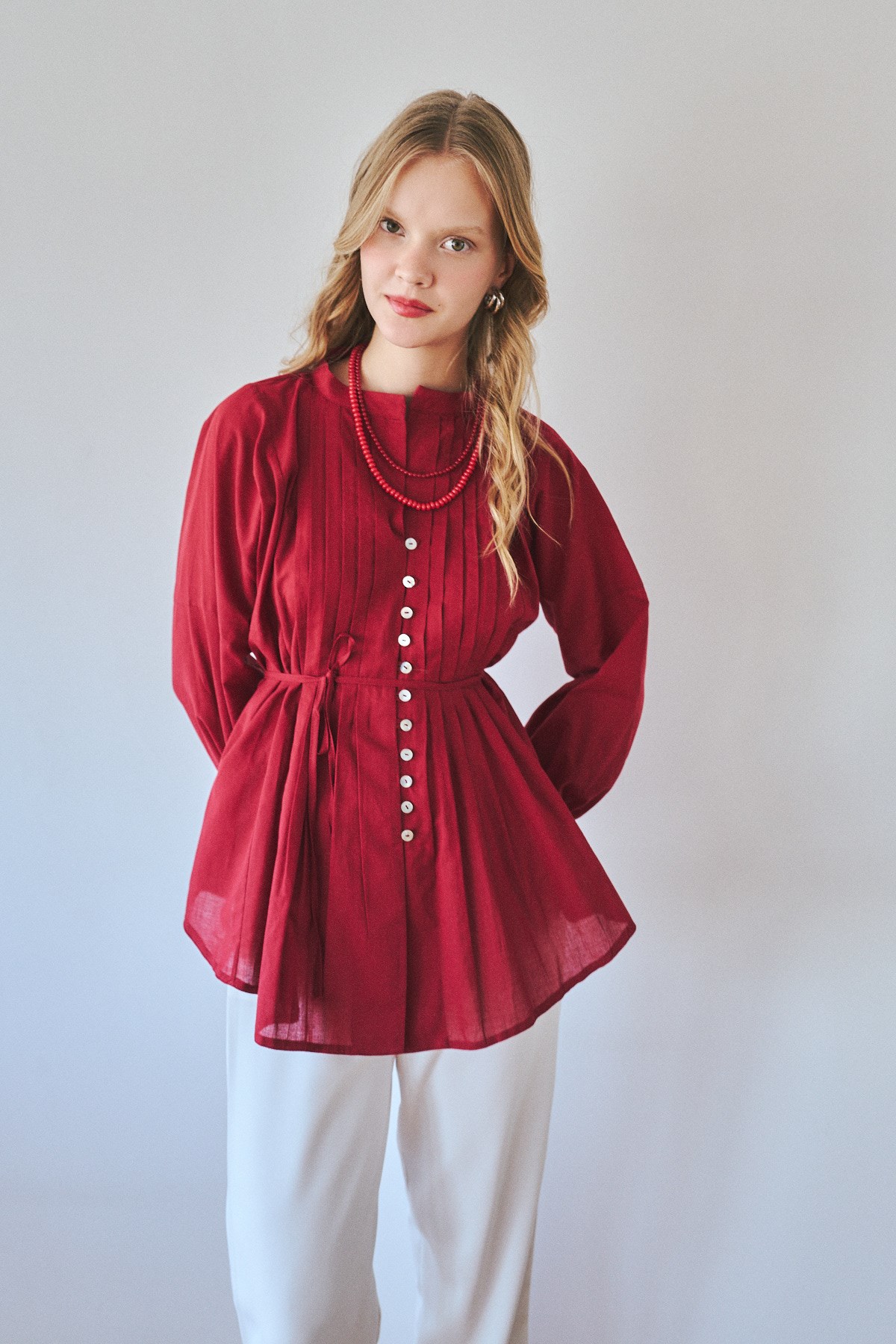 Elvara Nervürlü Kuşaklı Tunik- Bordo