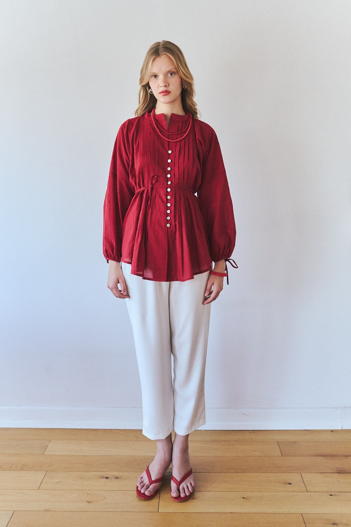 Elvara Nervürlü Kuşaklı Tunik- Bordo