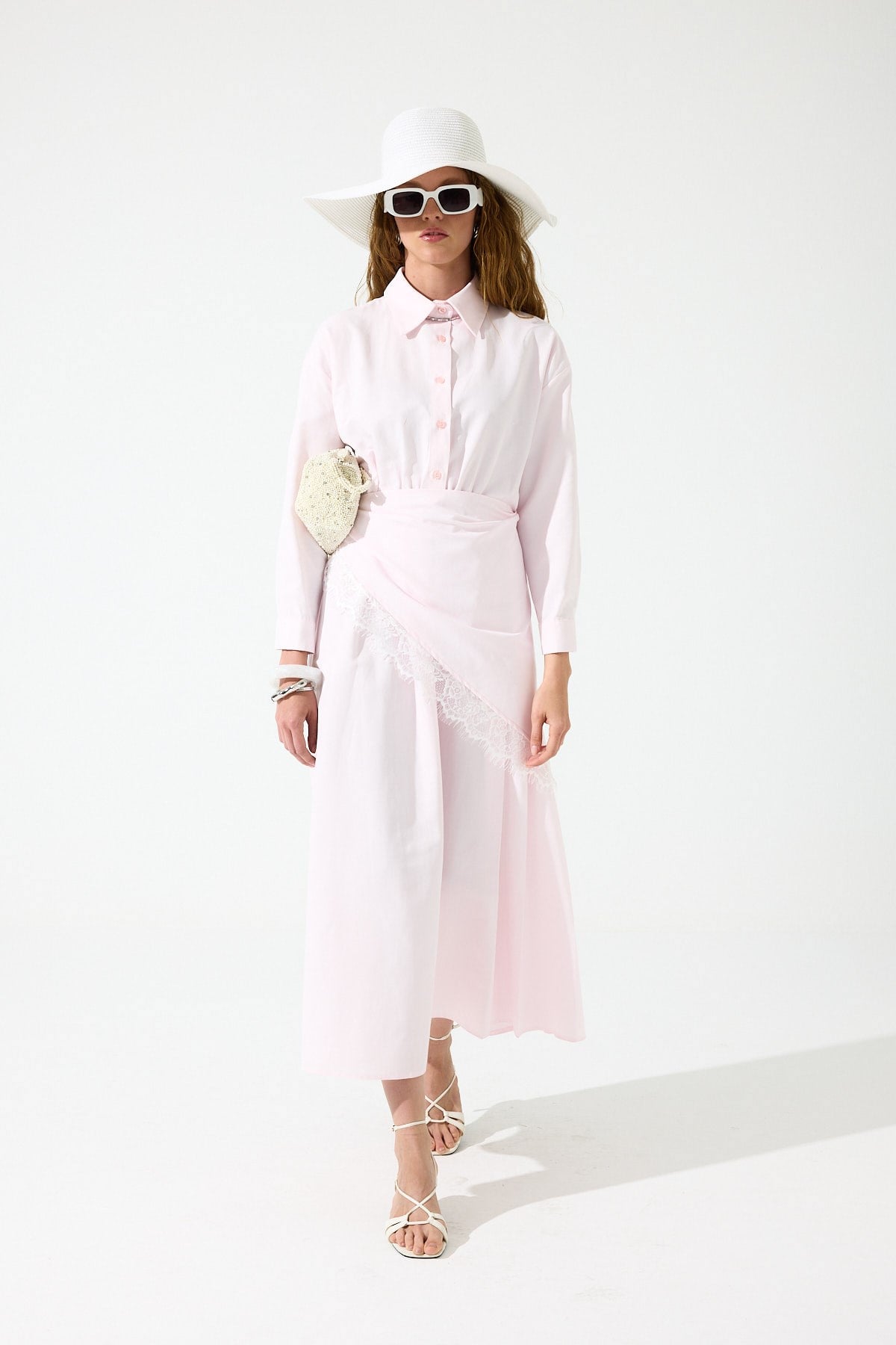 Emilia Dantel Parçalı Poplin Elbise - Pembe 