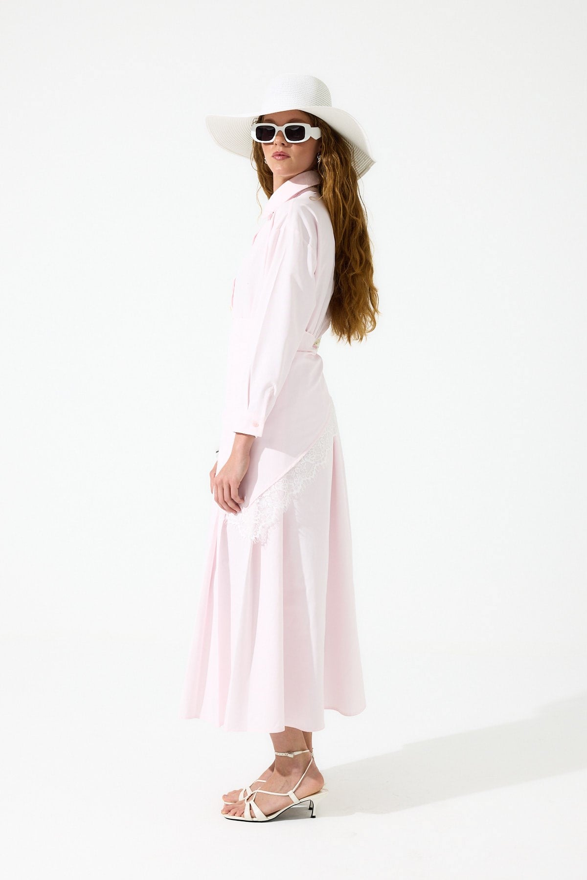 Emilia Dantel Parçalı Poplin Elbise - Pembe 