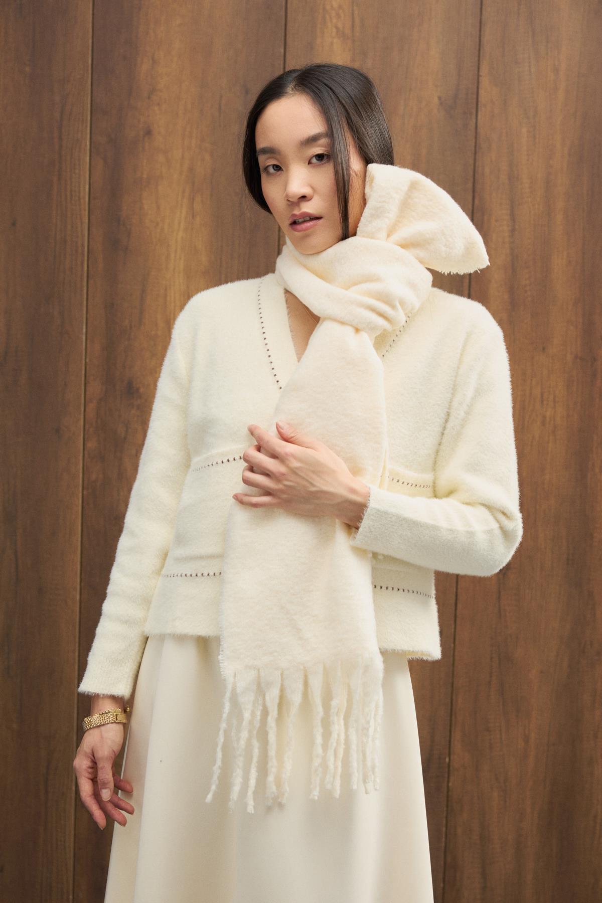 Farsha Püsküllü Yün Atkı - Ekru 