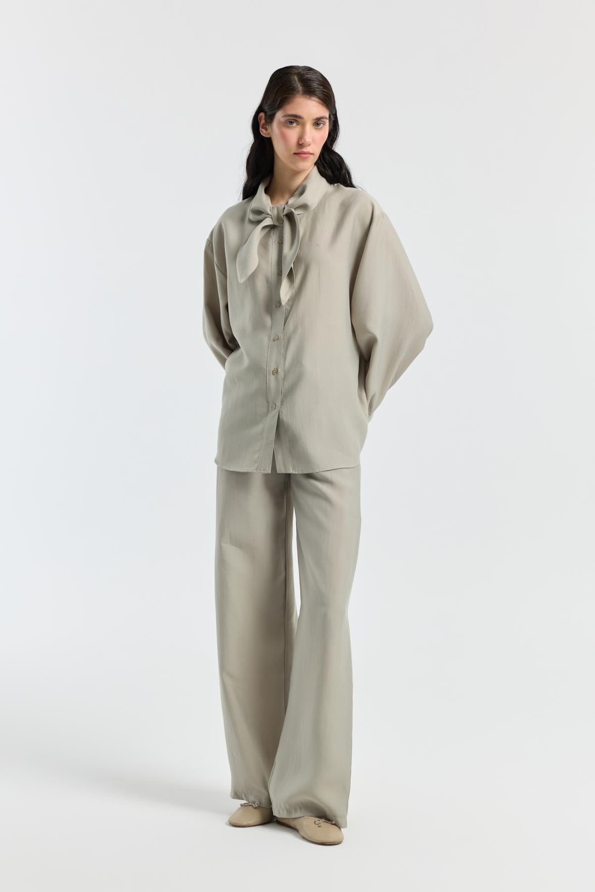 Liana Fularlı Modal Gömlek - Vizon