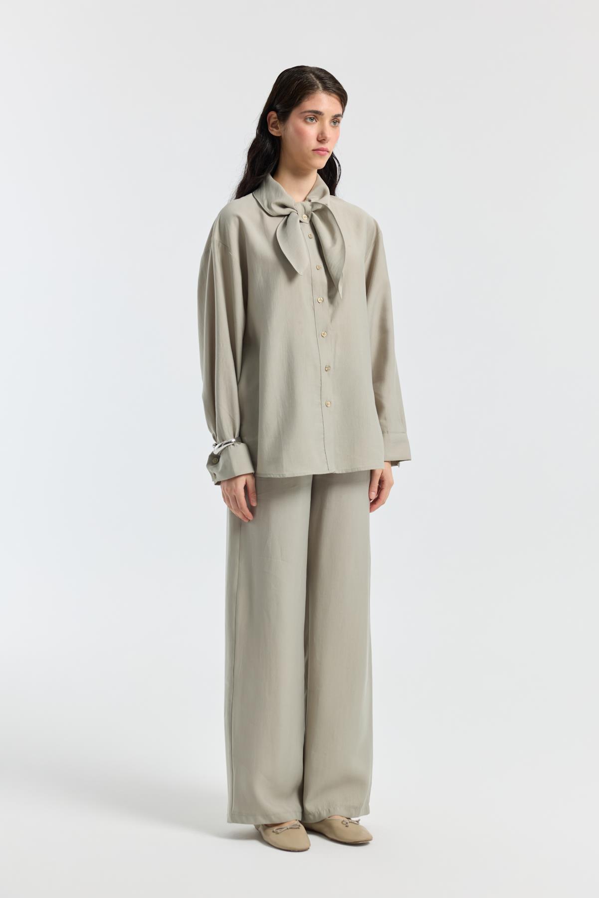 Liana Fularlı Modal Gömlek - Vizon