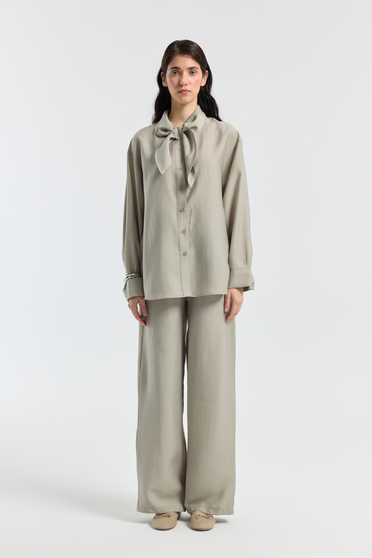 Liana Fularlı Modal Gömlek - Vizon