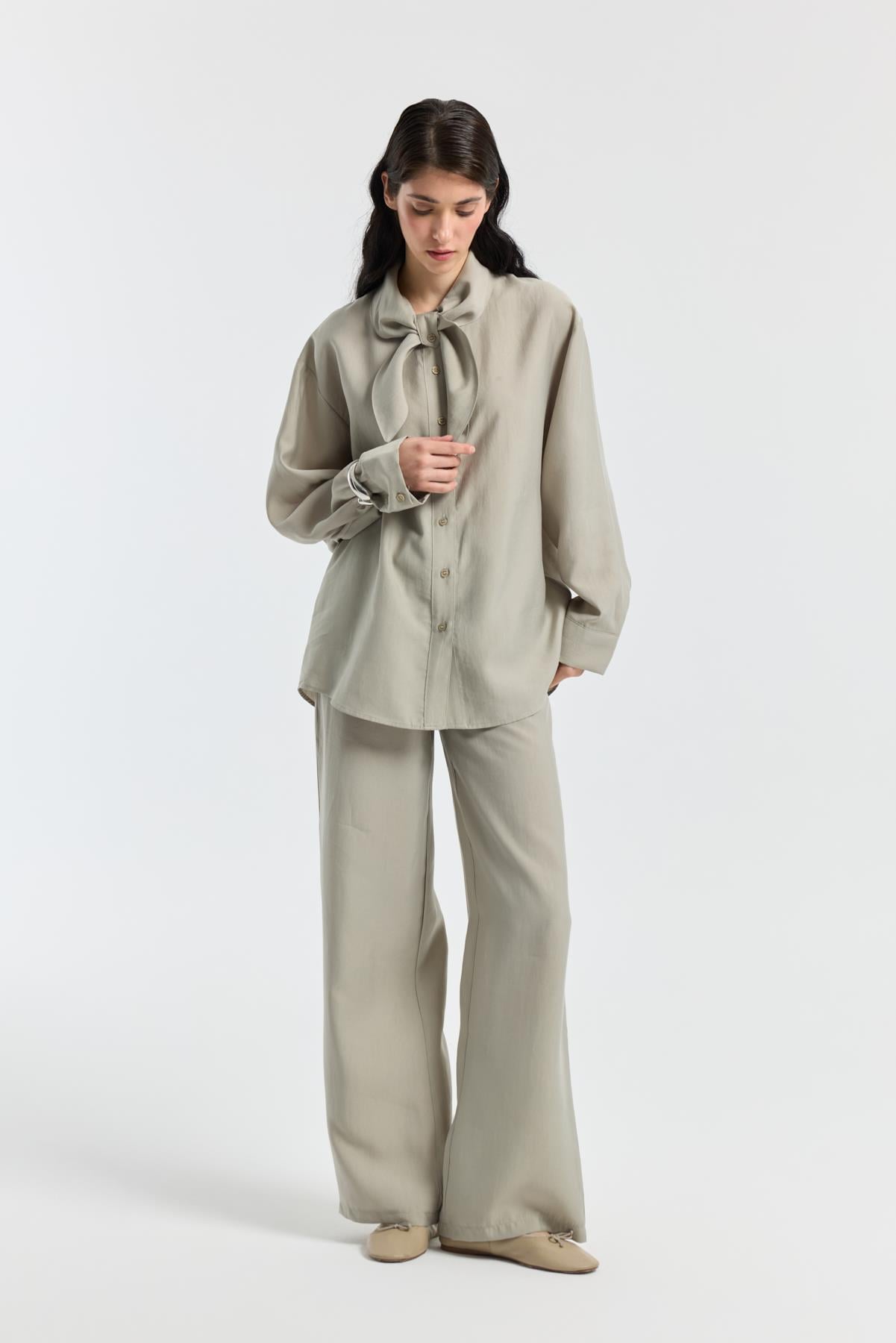 Liana Fularlı Modal Gömlek - Vizon