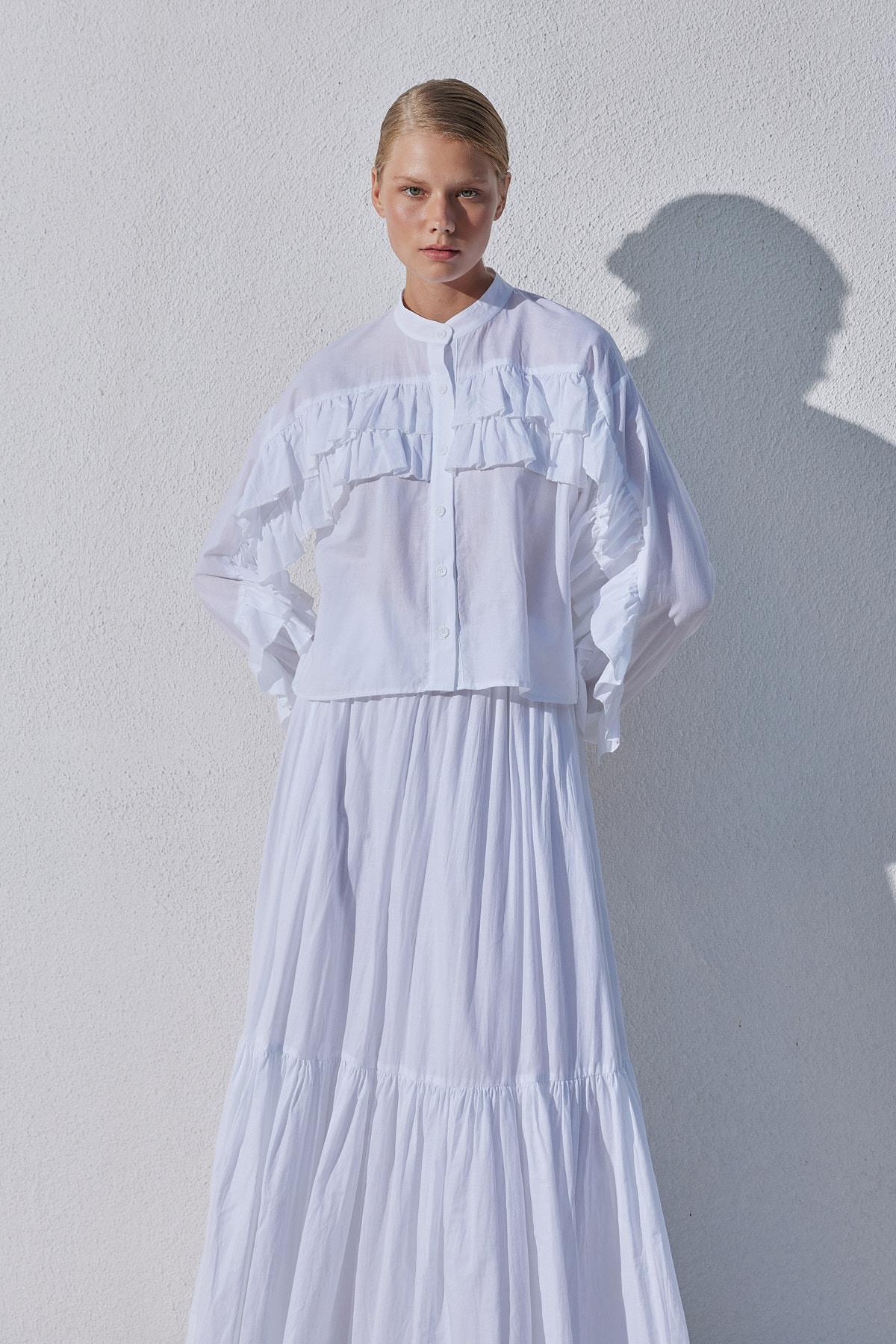 Grace Fırfırlı Pamuk Vual Gömlek- Beyaz