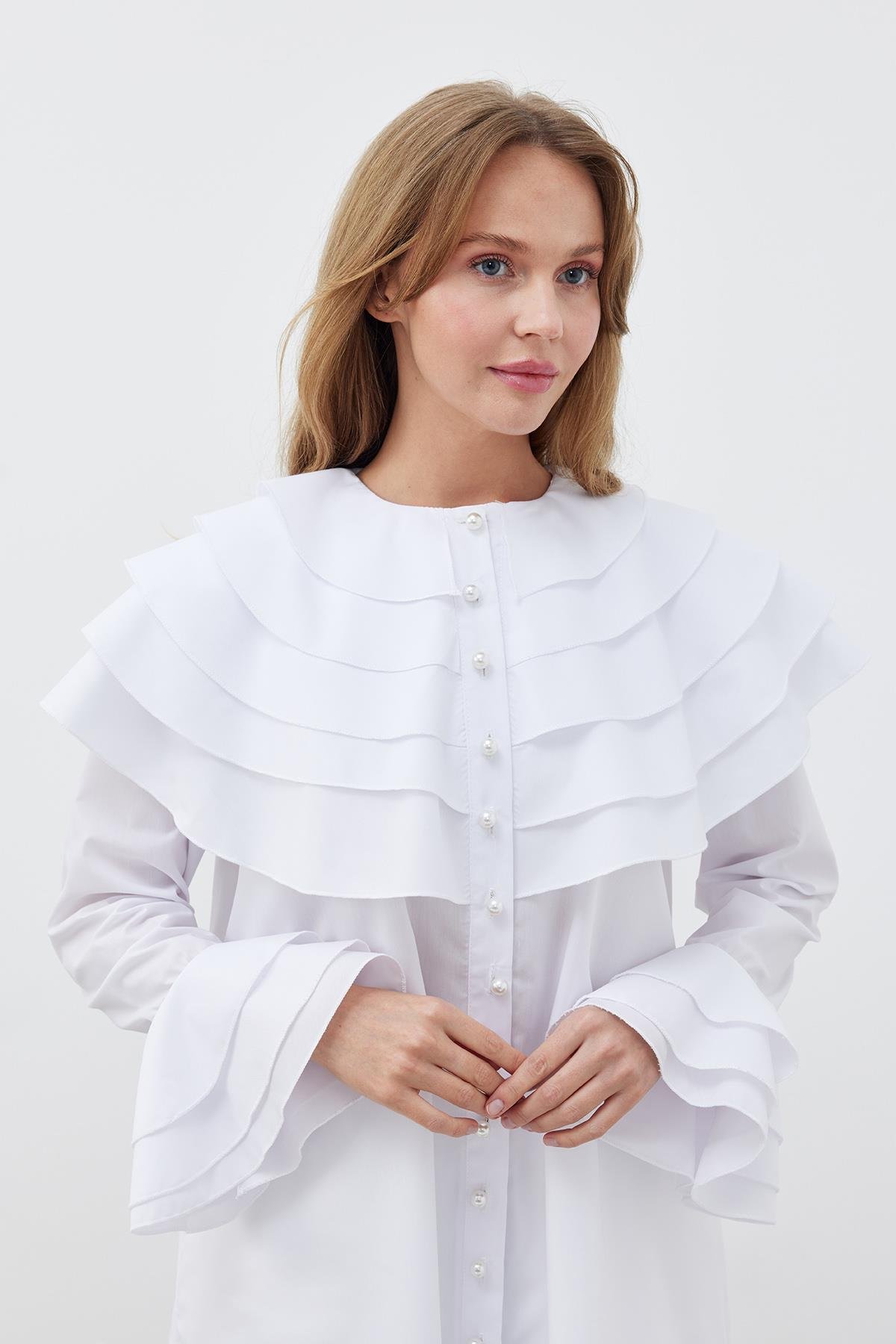IVORY KAT YAKA İNCİ DÜĞMELİ GÖMLEK- BEYAZ