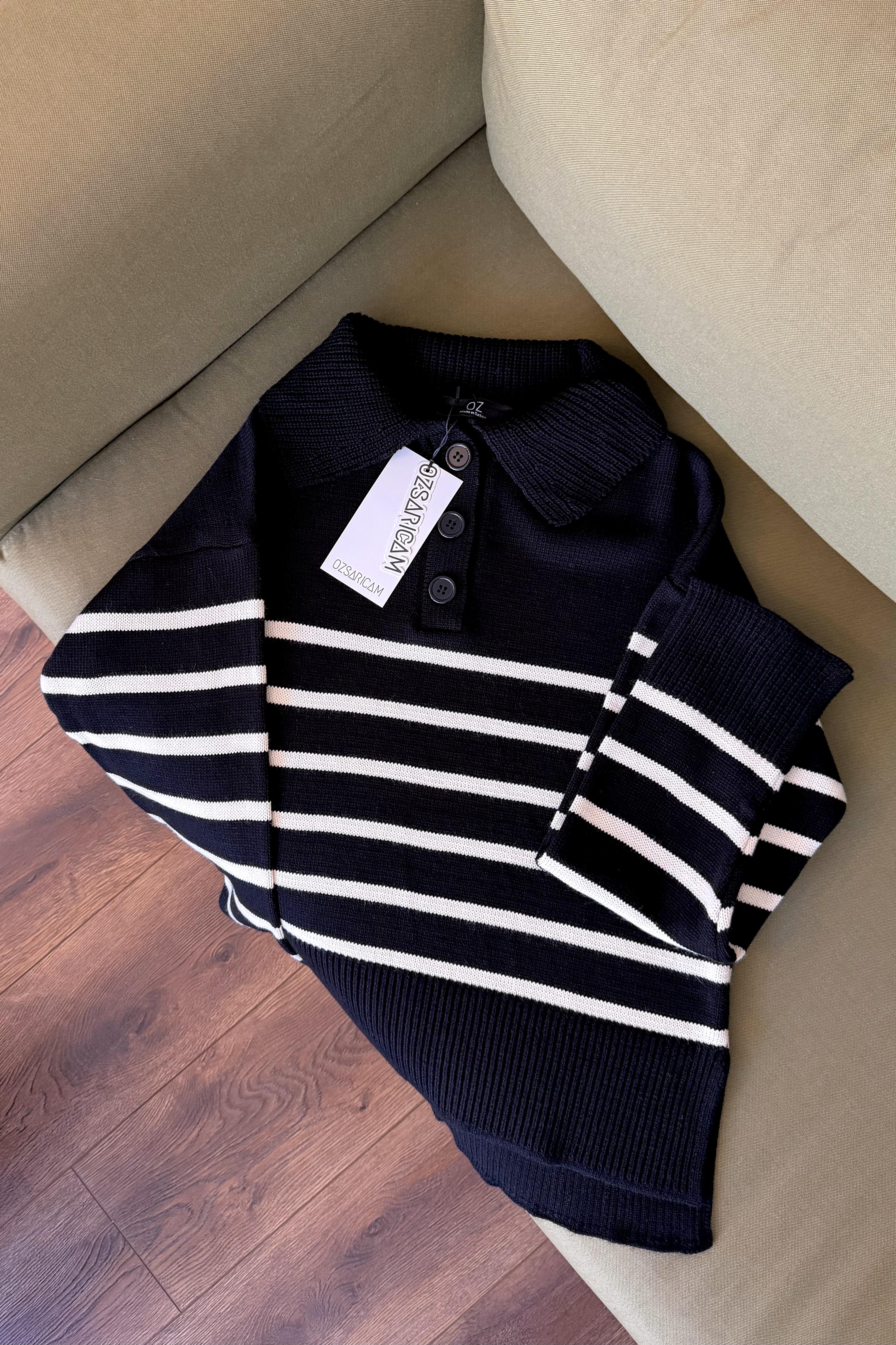 Jamie Çizgili Triko Hırka - Siyah 