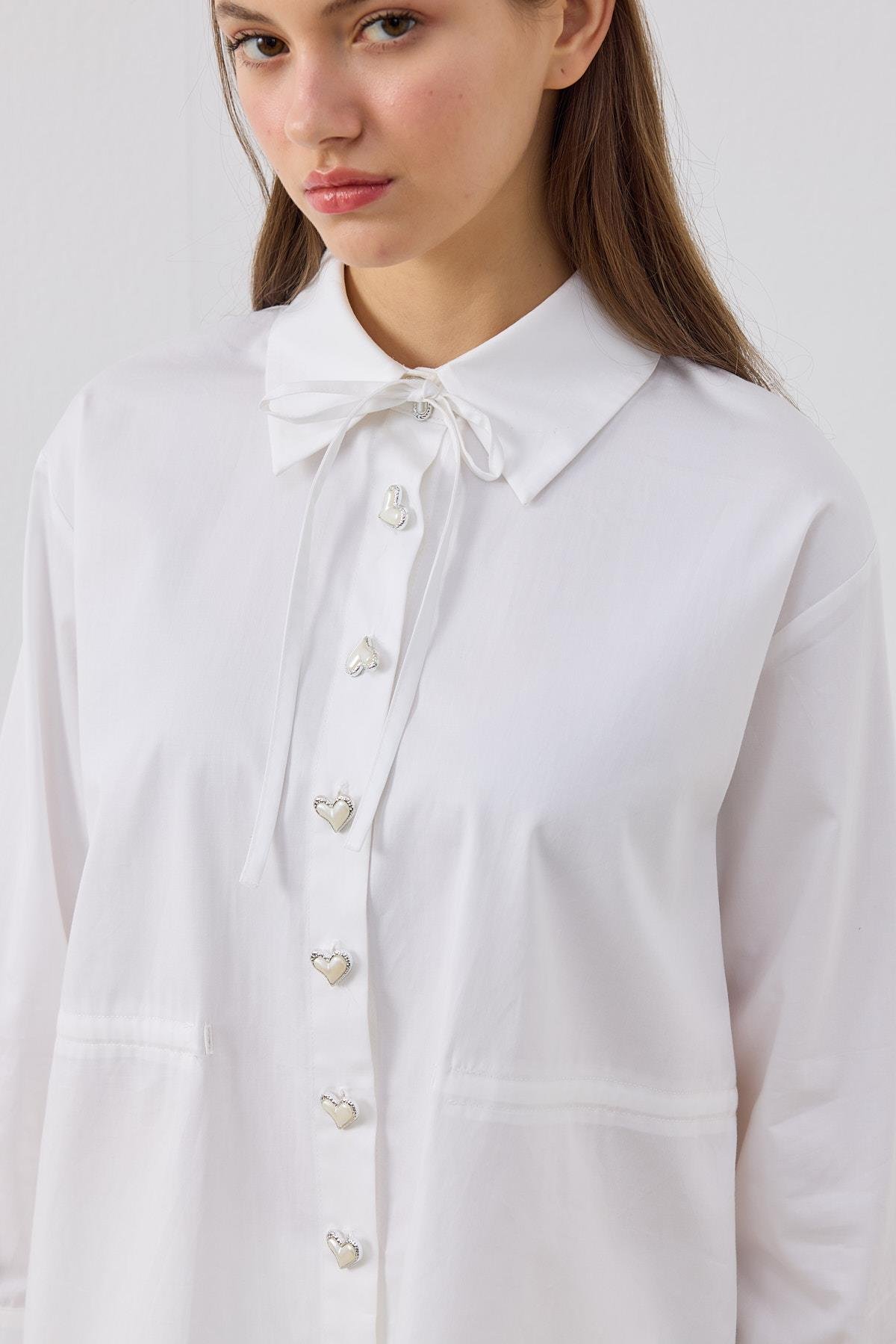 June Kalp Düğmeli Bel Ayarlı Gömlek - Beyaz